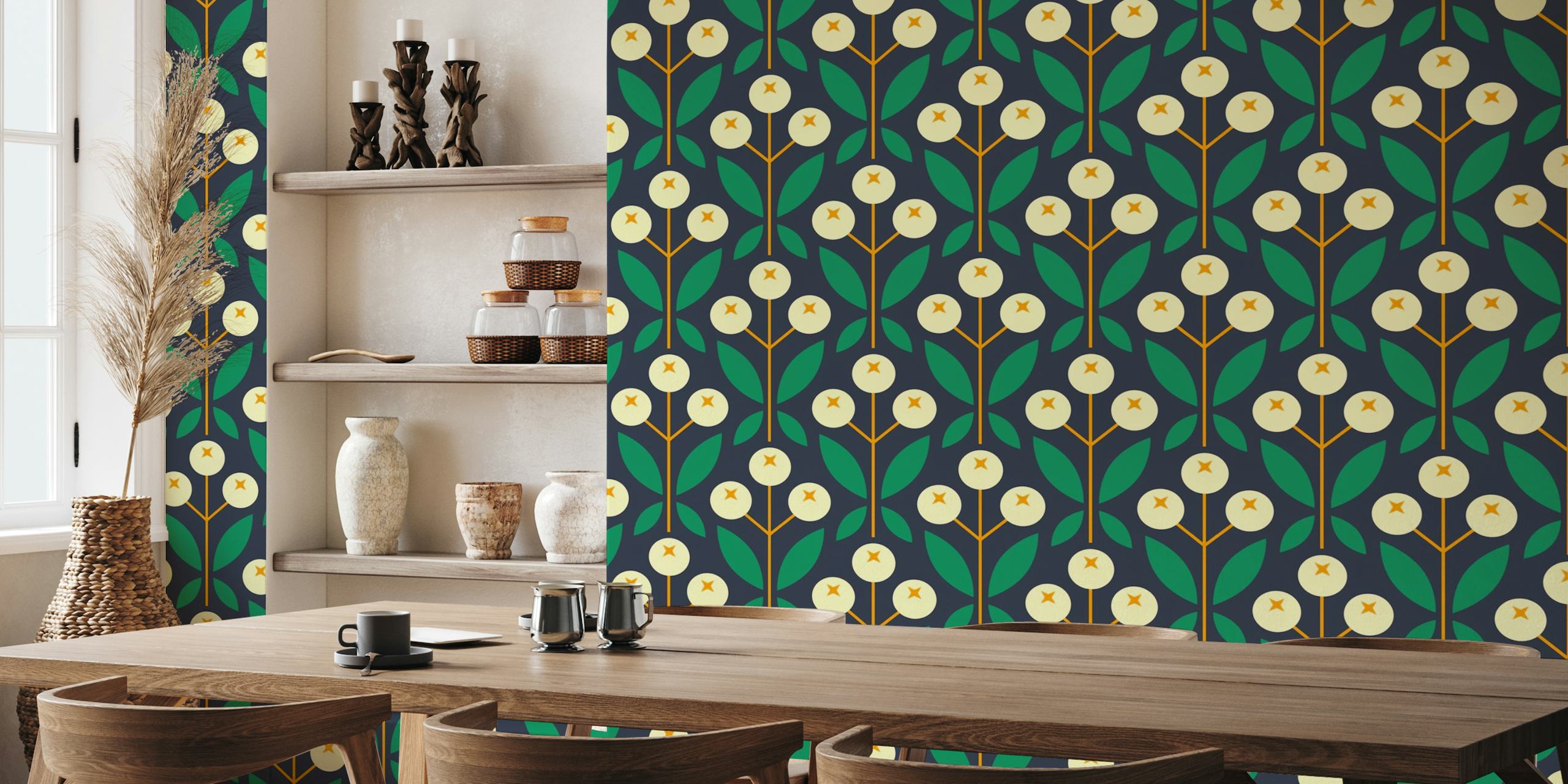 Geometric pattern wall mural with berries and leaves in navy blue, green, and mustard yellow