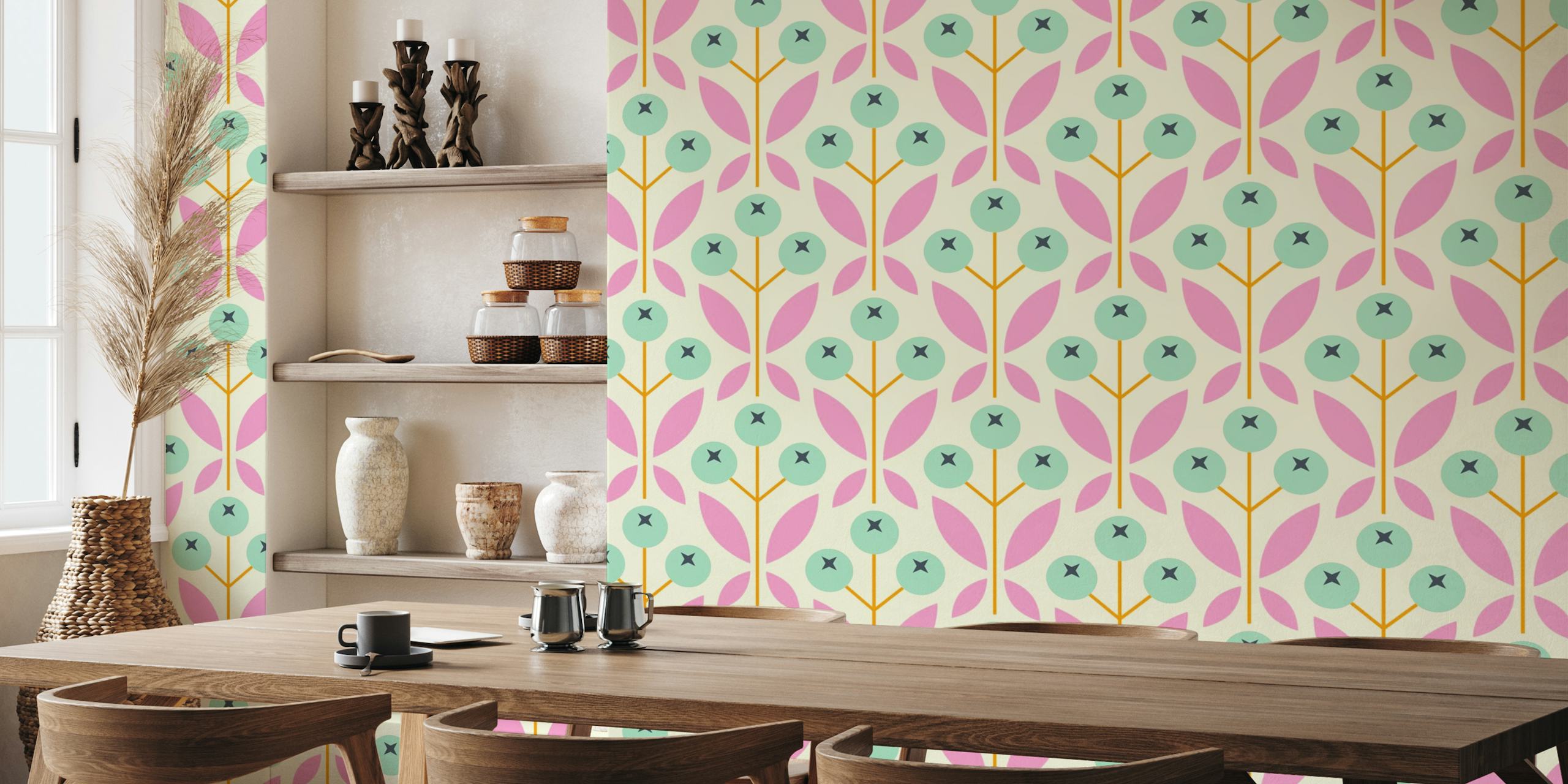 Geometric Yellow Berries wall mural with yellow, pink, teal, and white color scheme