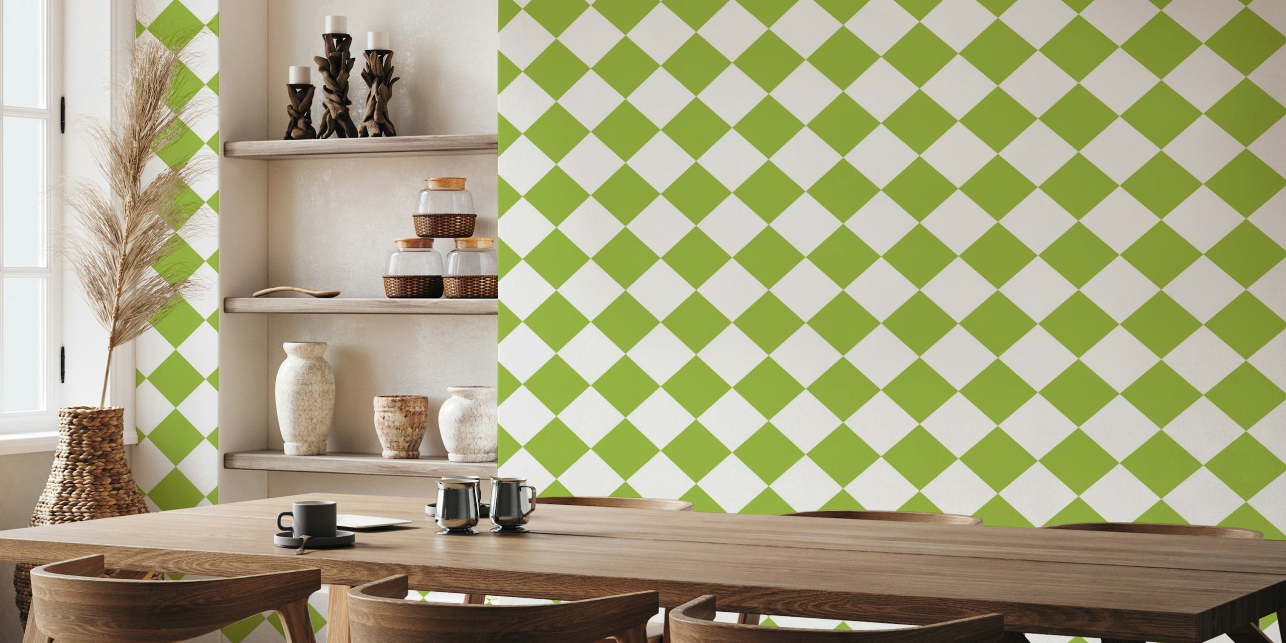 Diagonal Checkerboard L - WarmGreen White papel de parede