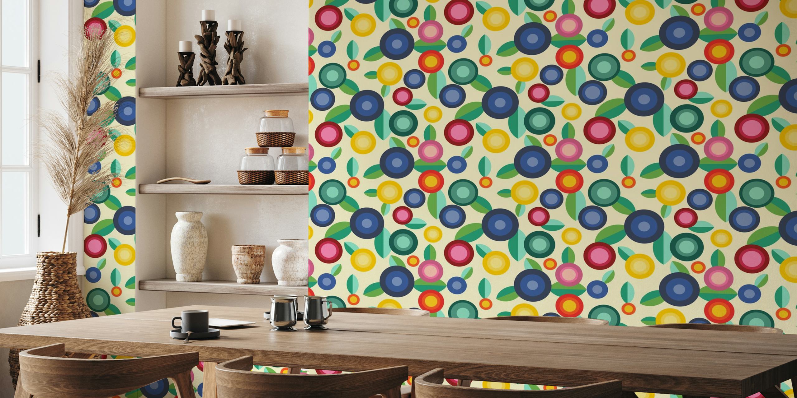 Farbenfrohe abstrakte Fototapete mit floralen und gepunkteten Mustern für moderne Innenräume