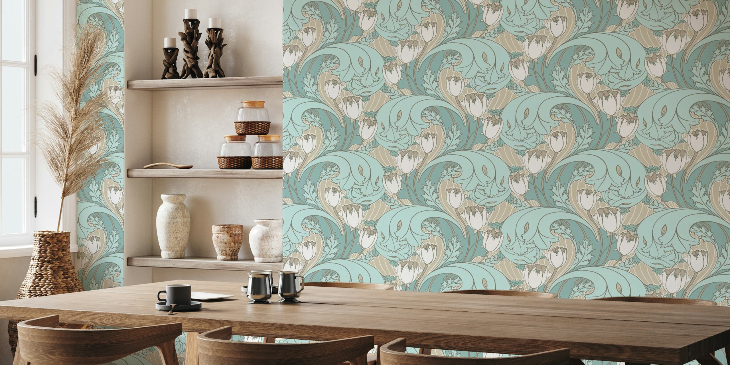 Tulips pattern in duck eggg blue grey white ταπετσαρία