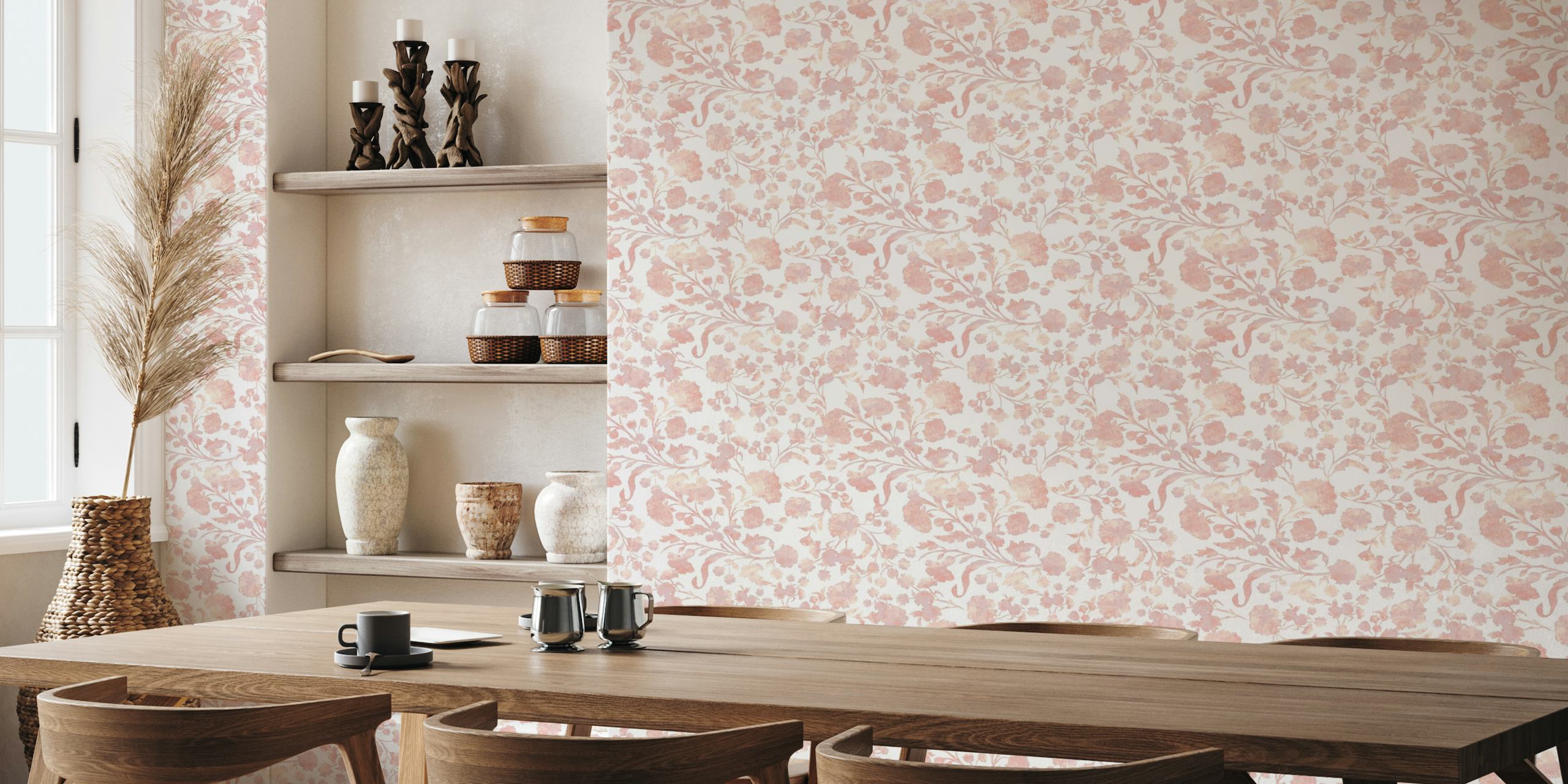 Elegant blush pink floral pattern on a textured background for wall mural