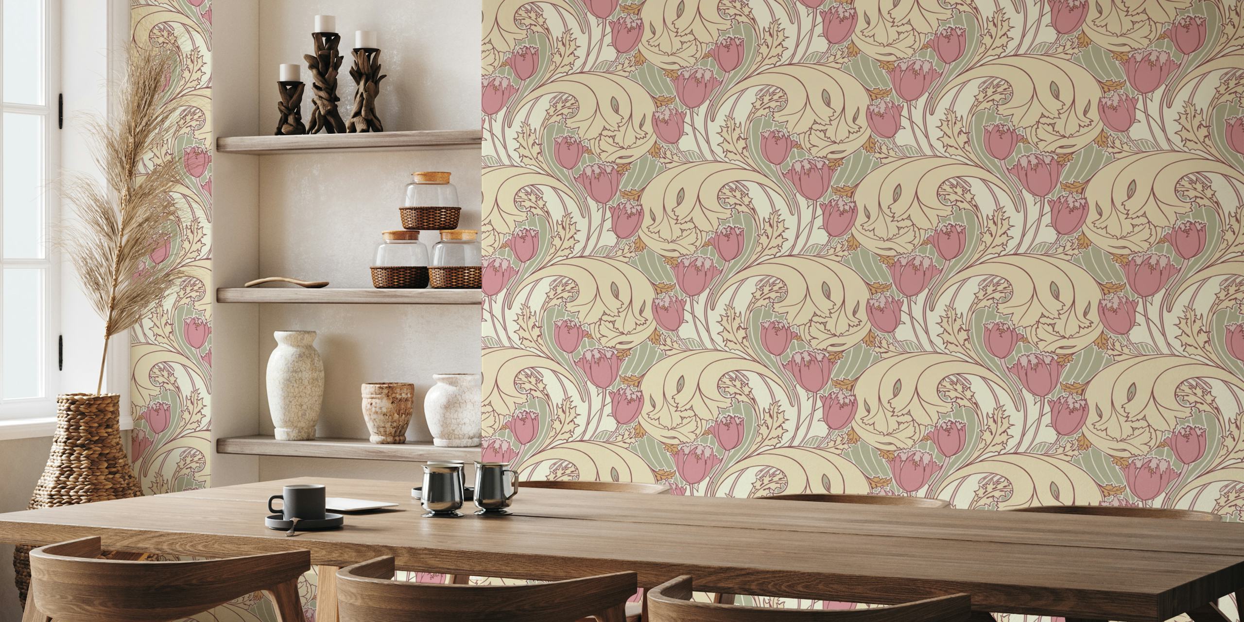 Tulips pattern in ivory sage pink behang
