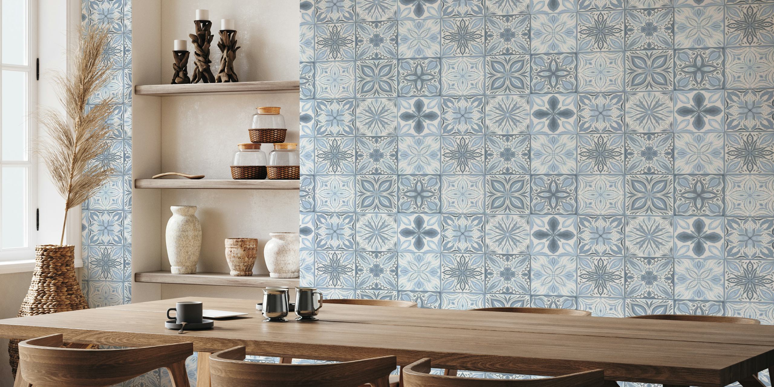 Ornate tiles, neutral blues ταπετσαρία