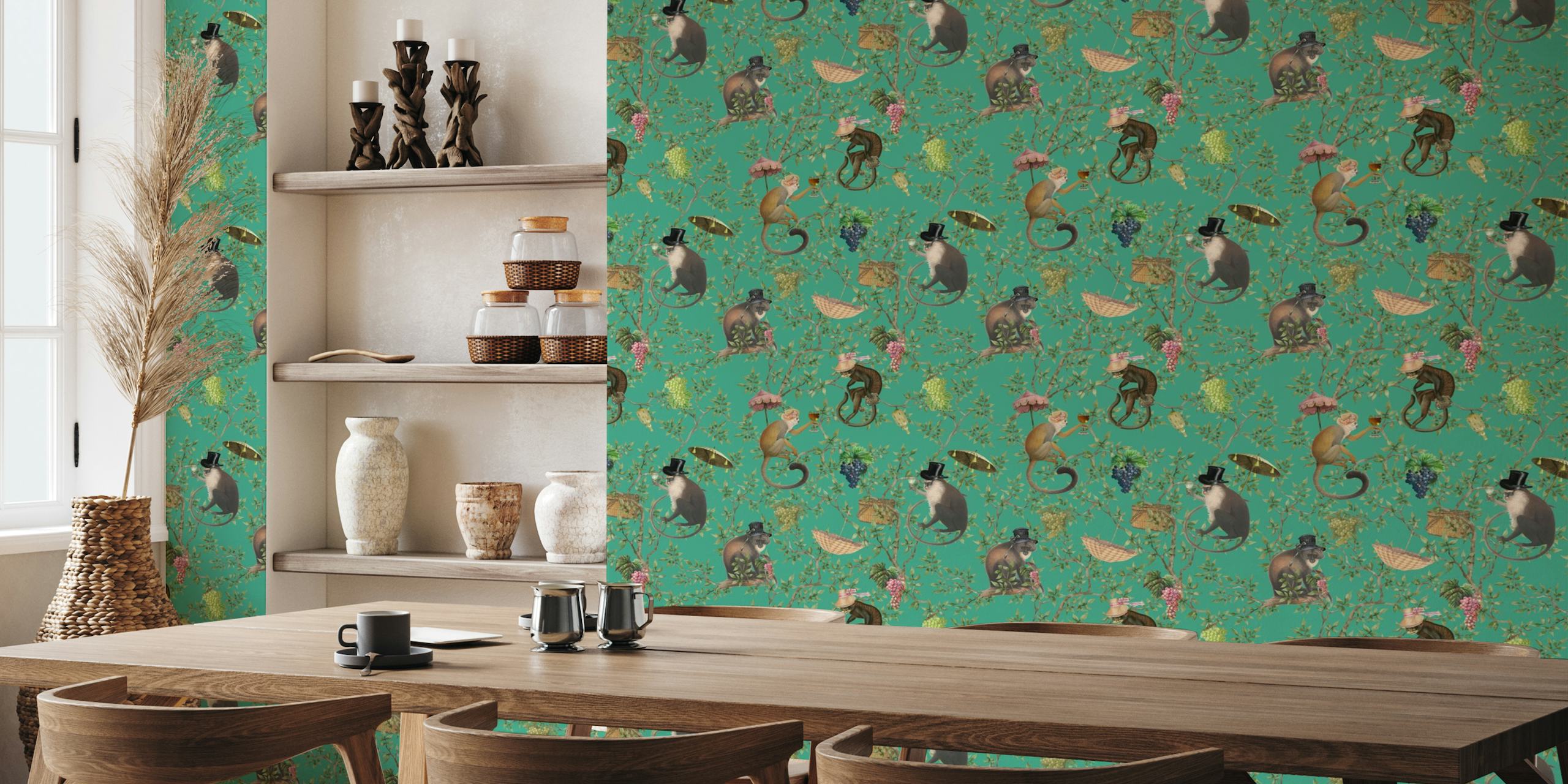 Monkeys in vintage clothing and accessories with tropical plants on teal background wall mural