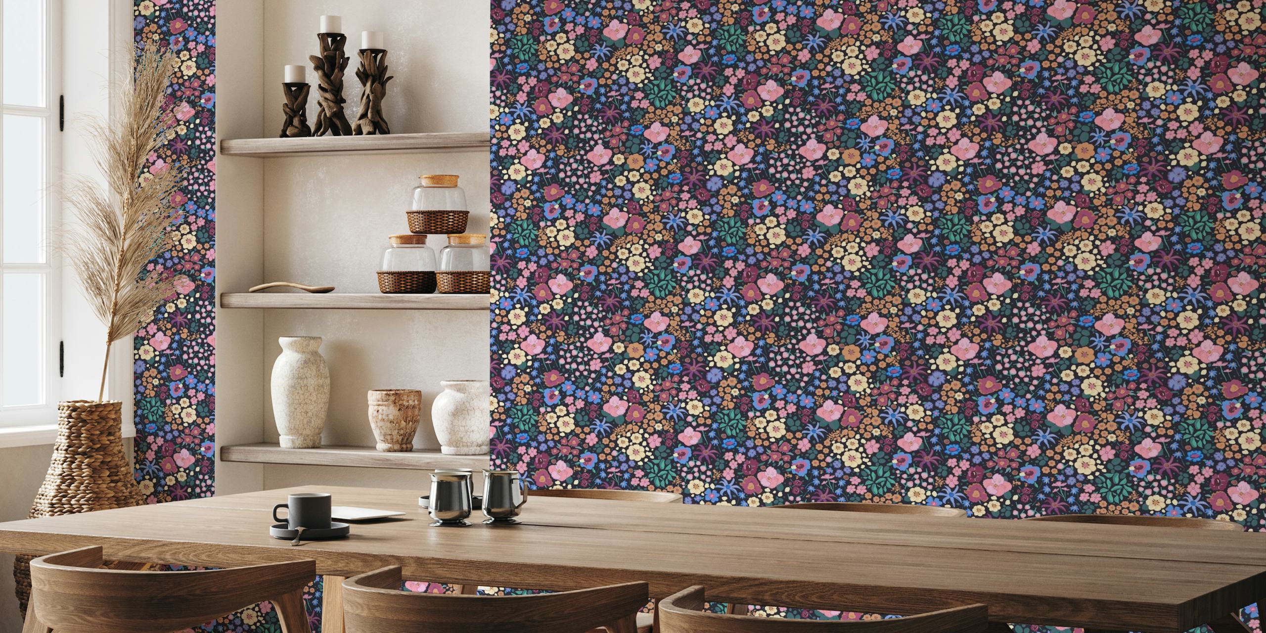 Ditsy colorful pink, purple, blue flowers pattern behang