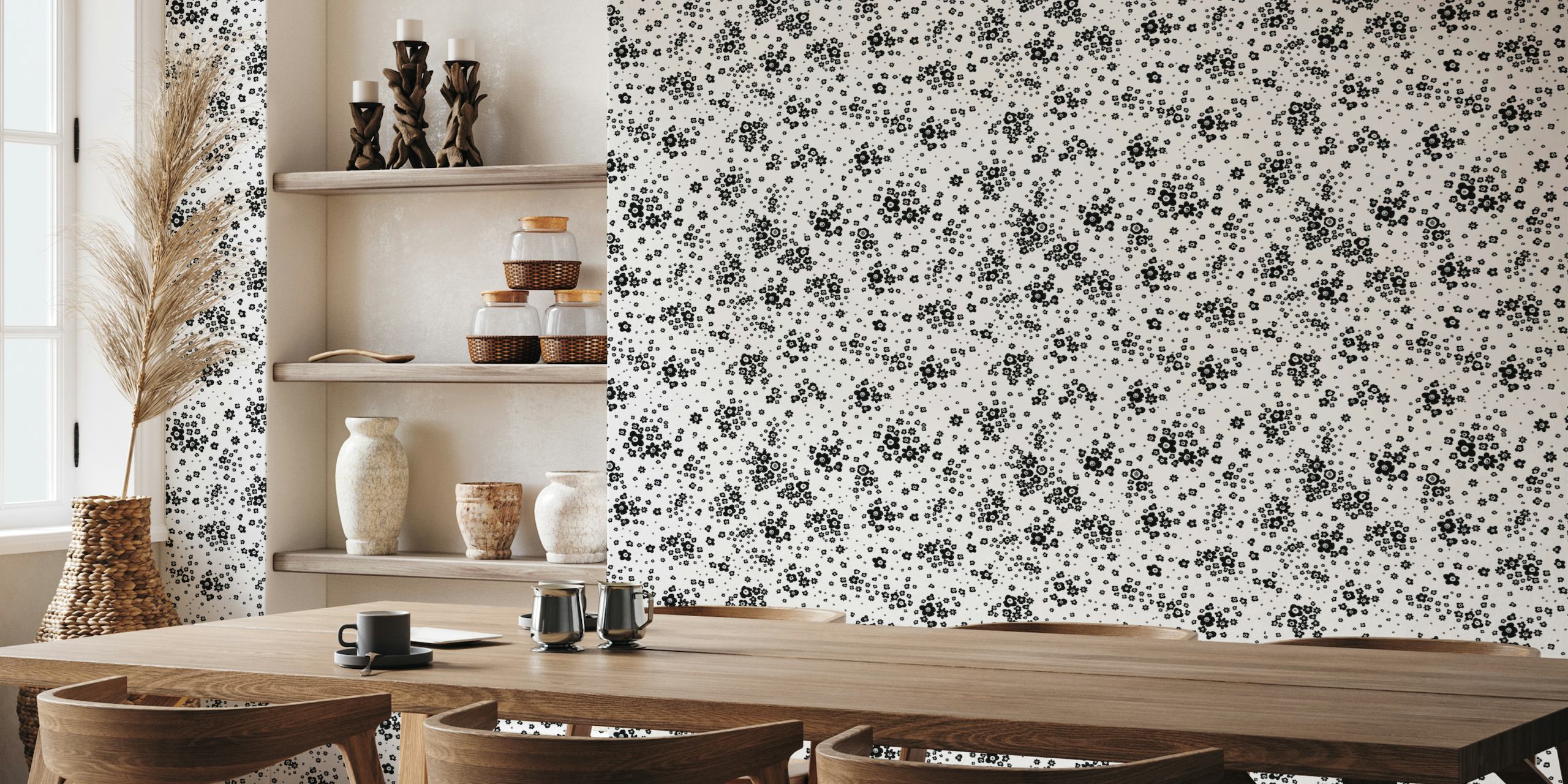 Black and white artistic wild ditsy flowers pattern wallpaper