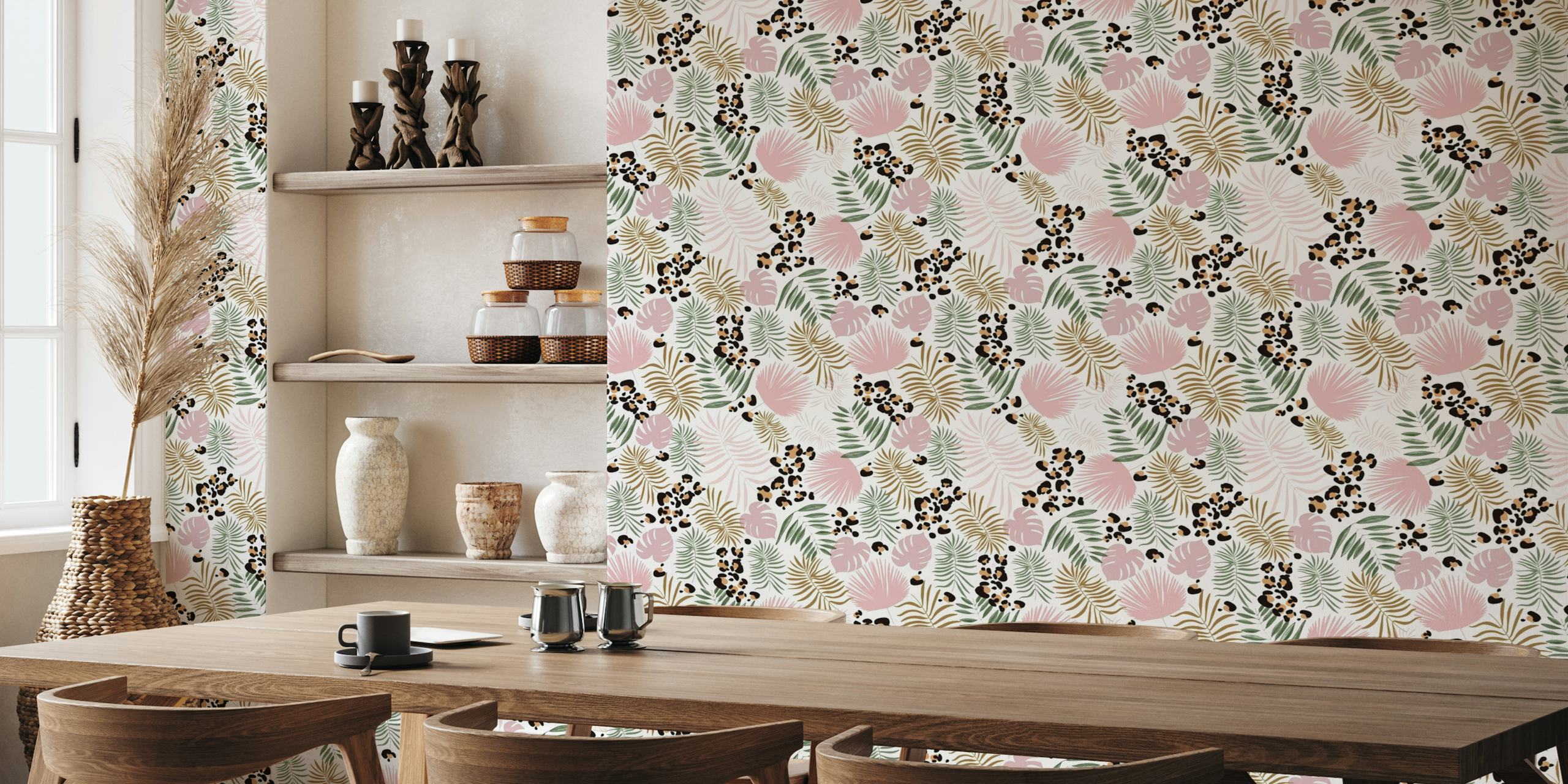Leopard print with tropical pattern papel de parede
