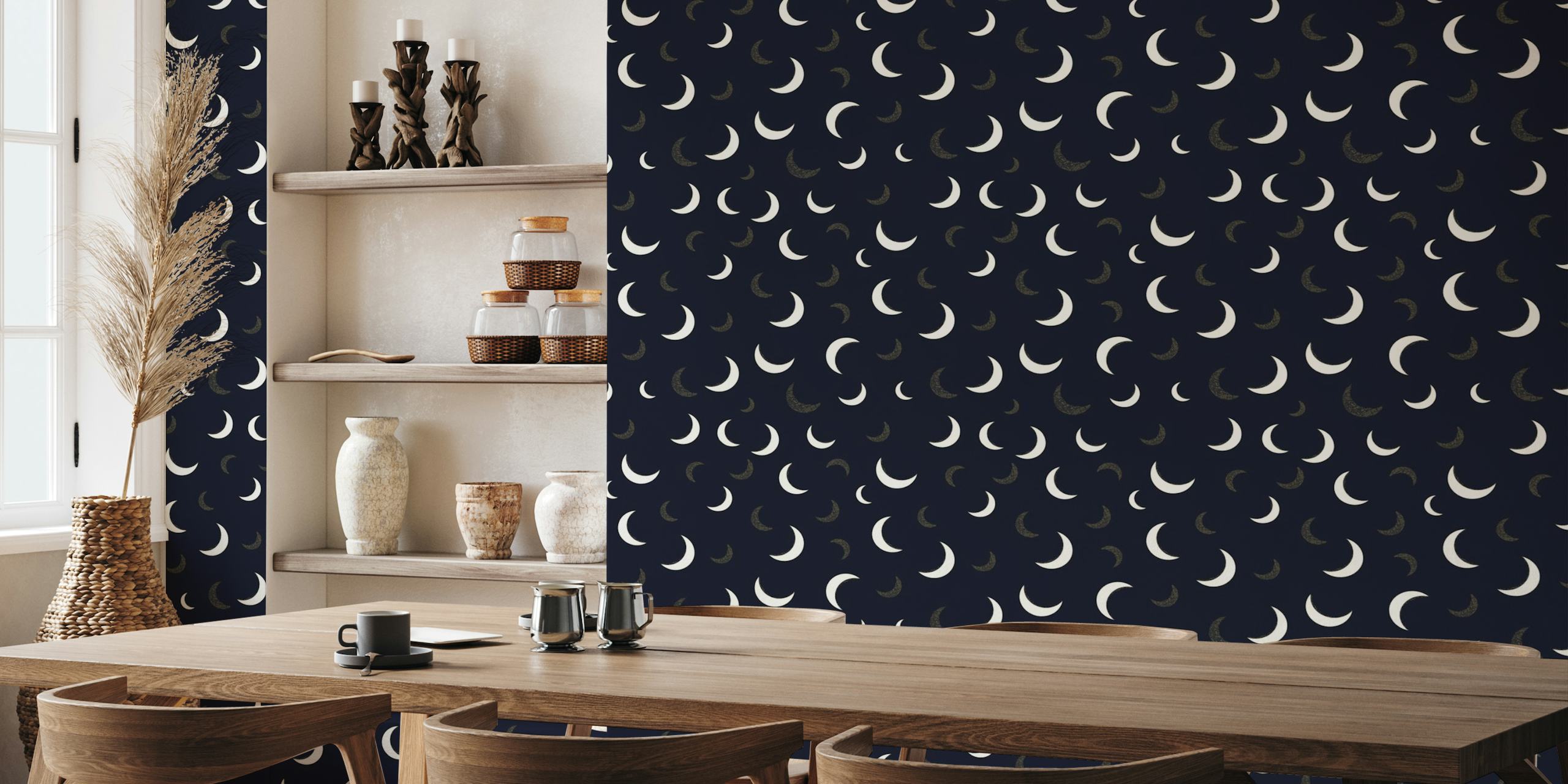 Shining golden and white moons navy colored pattern tapetit