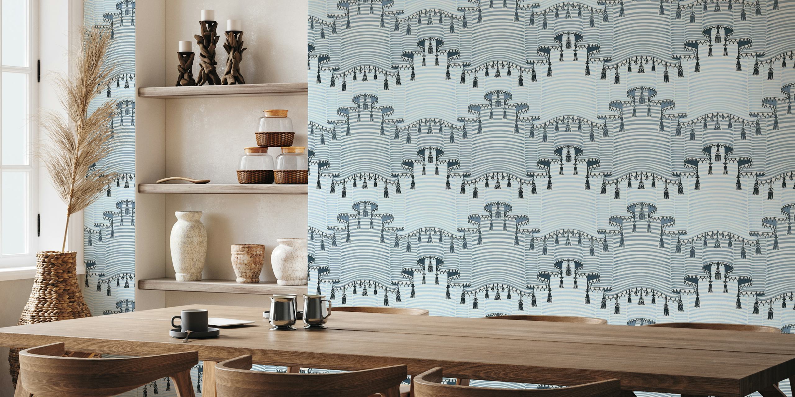 Elegant blauw-wit gestreept fotobehang met sierlijke patronen en bogen
