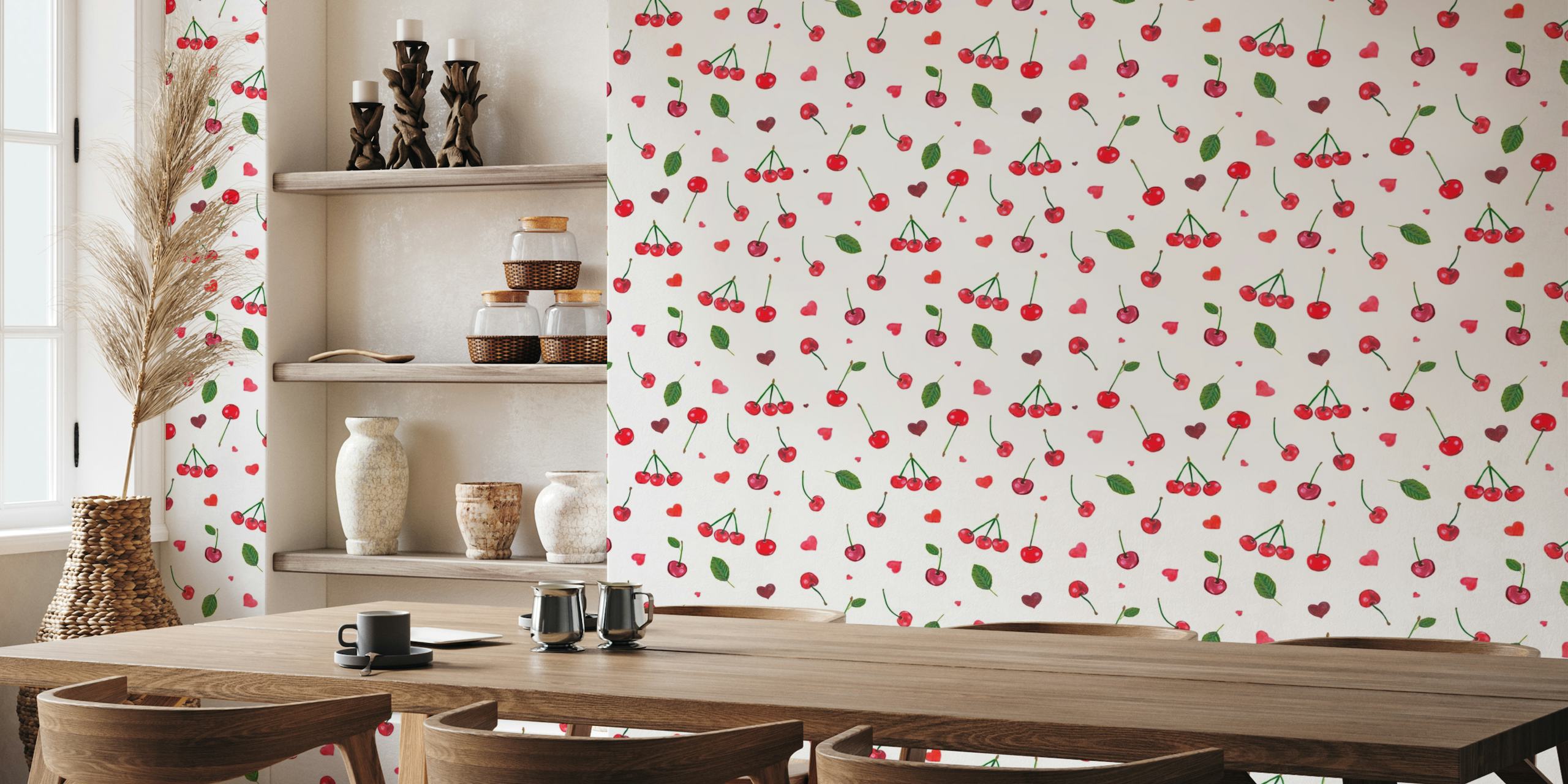 Cherries and cute red hearts white papel pintado