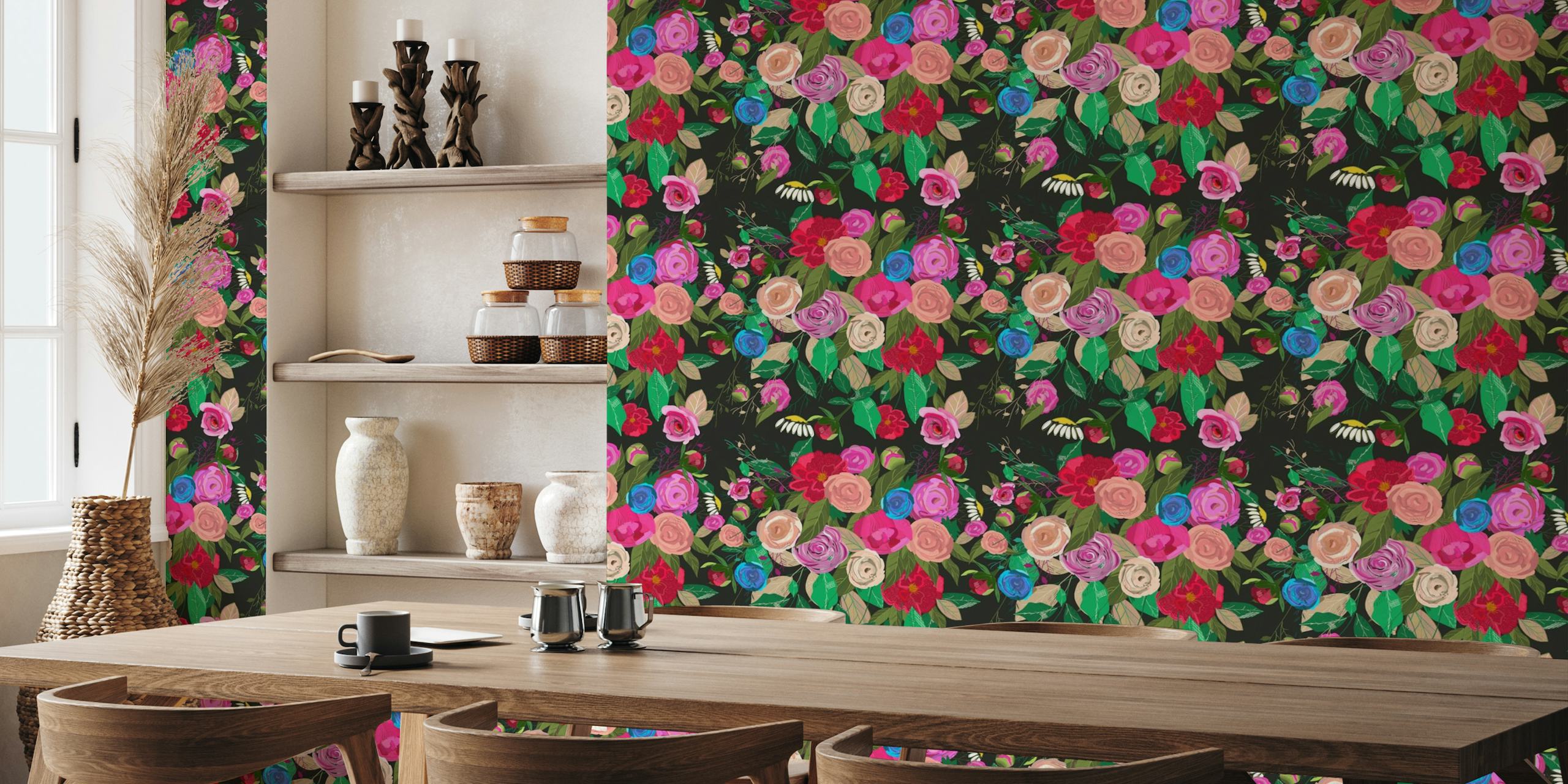 Tropical floral and bird pattern wall mural on black background