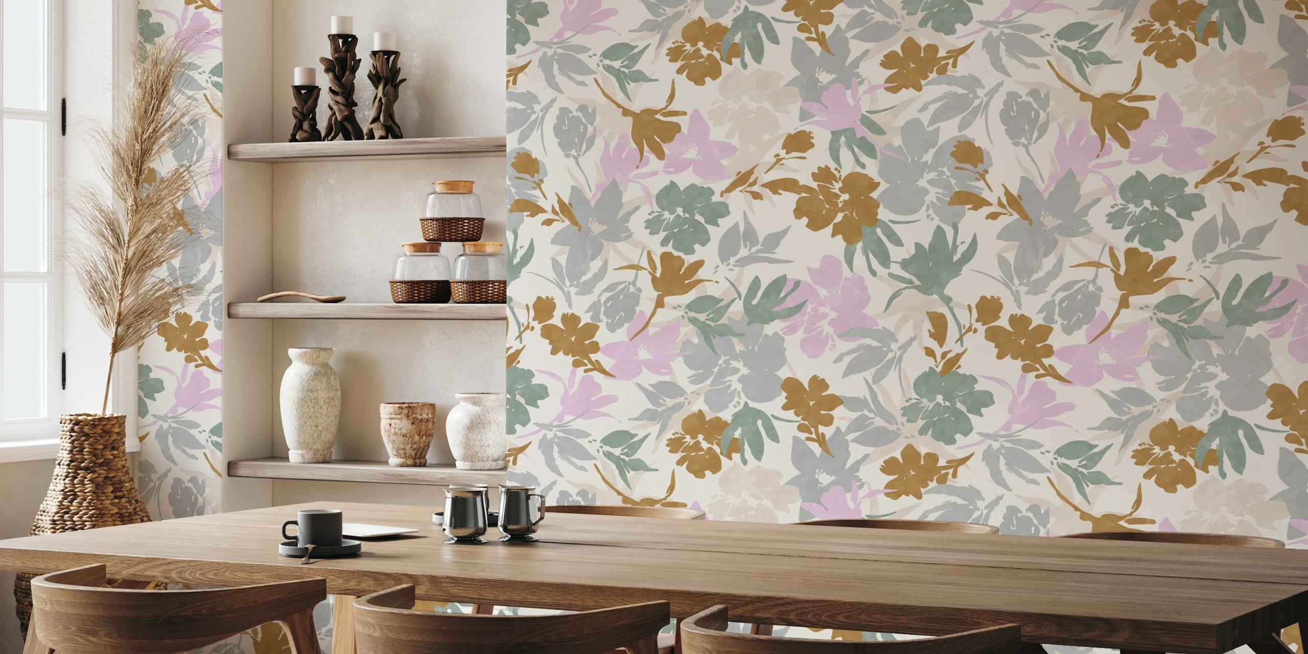 Pastel-colored wall mural featuring a tranquil meadow with delicate floral patterns