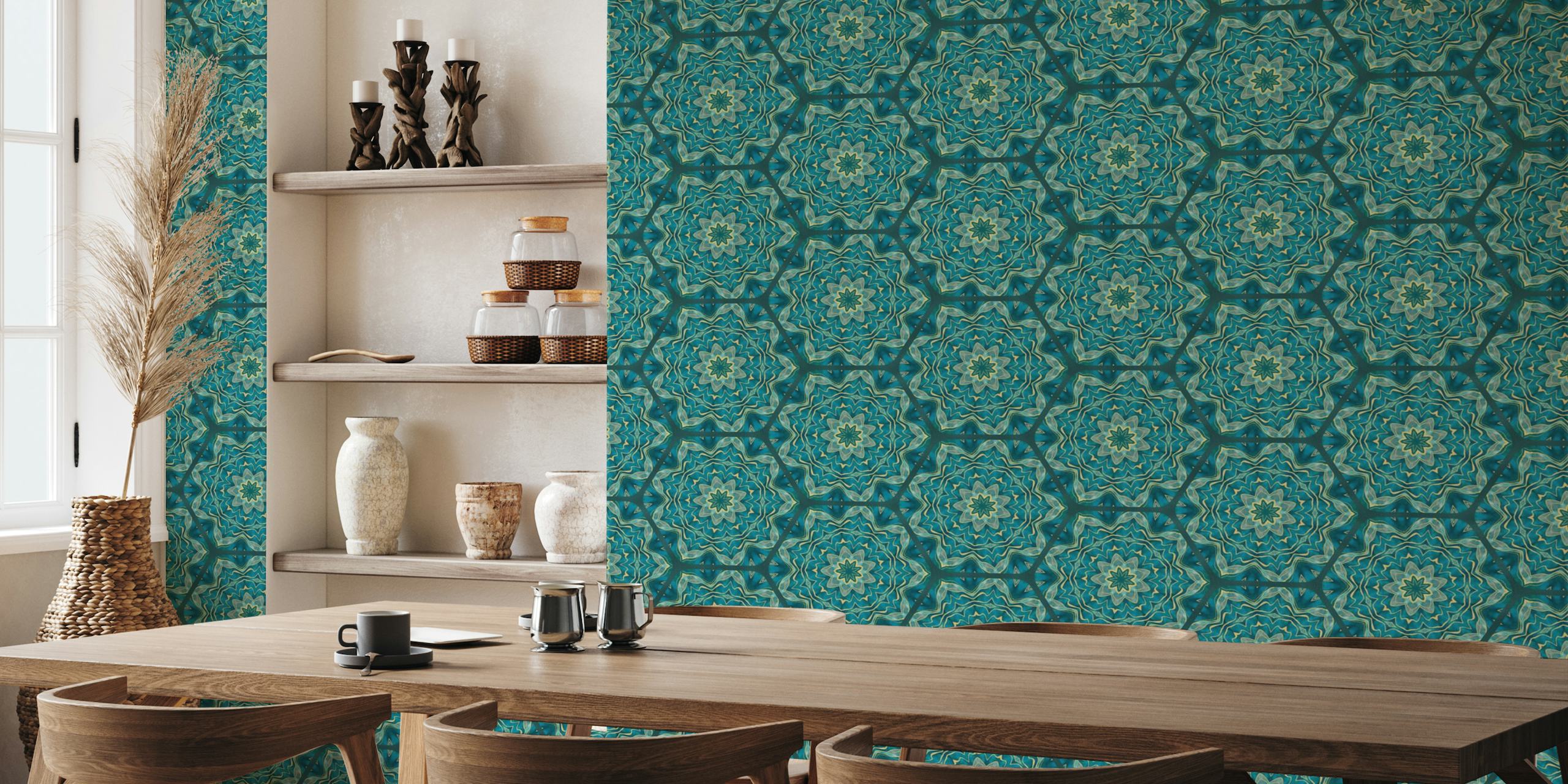 Oriental Inspired Hexagon Tiles Mediterranean Teal Gold papel pintado