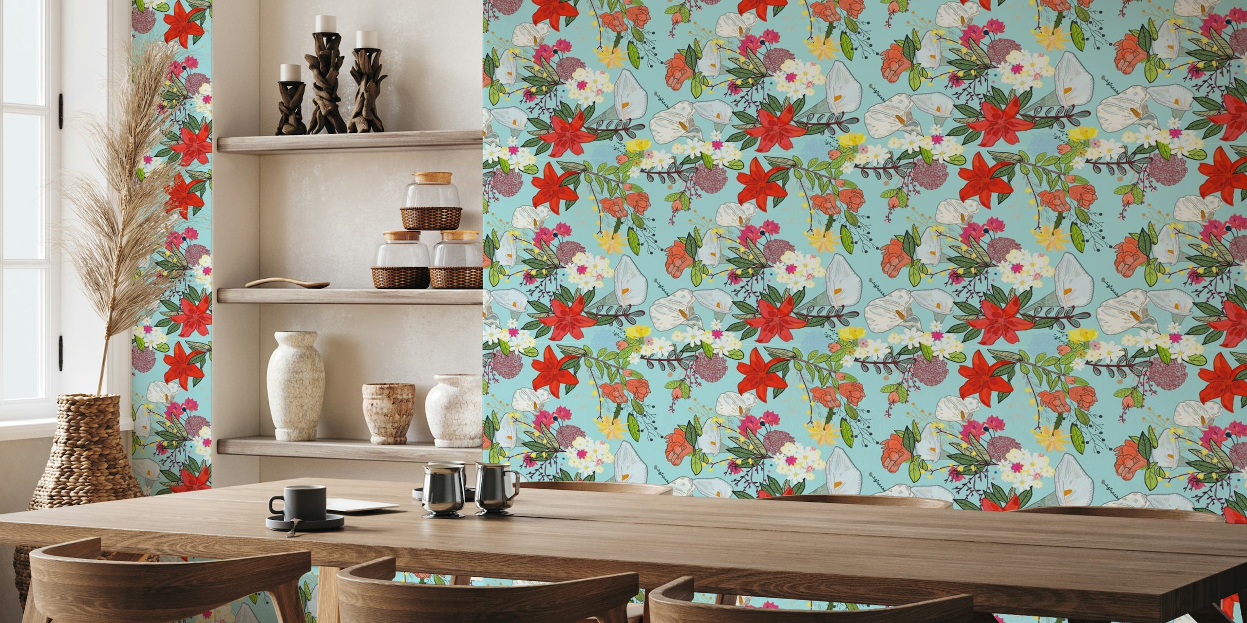 Pomegranate and Lily Pattern Wall Mural with vibrant flowers and fruits on a blue background