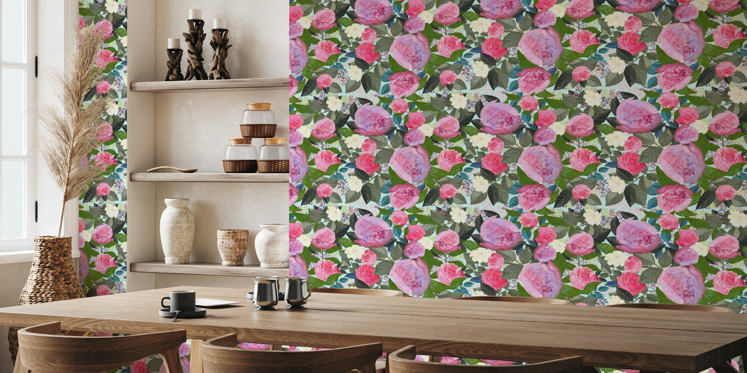 Pink peony and white cosmos flower pattern papel de parede