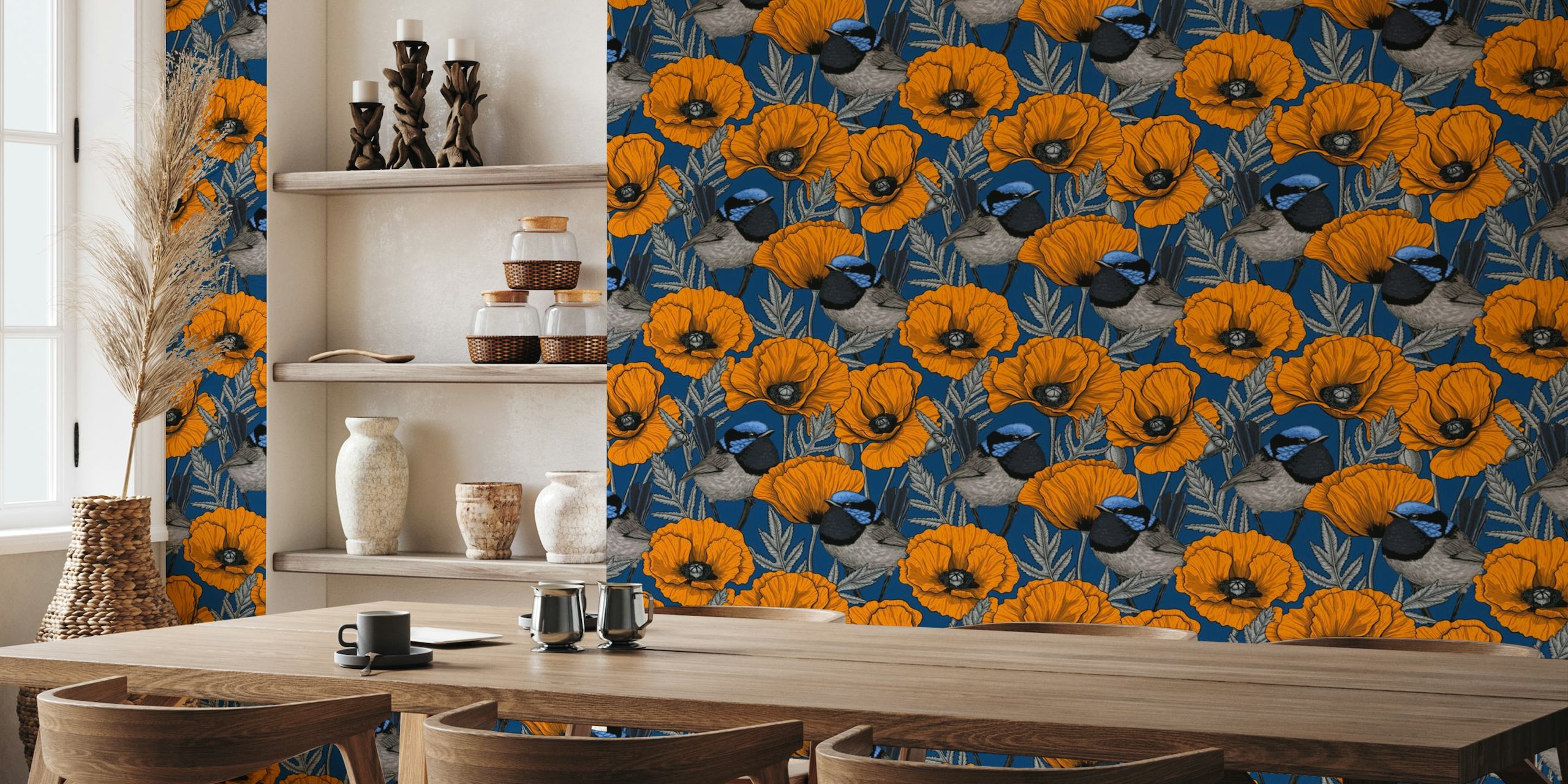 Fairy wrens and orange poppies on deep blue papel de parede