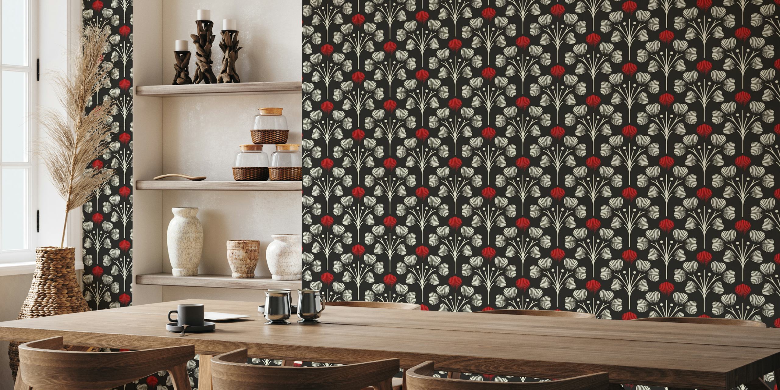 2674 A - floral pattern, black white red tapetit