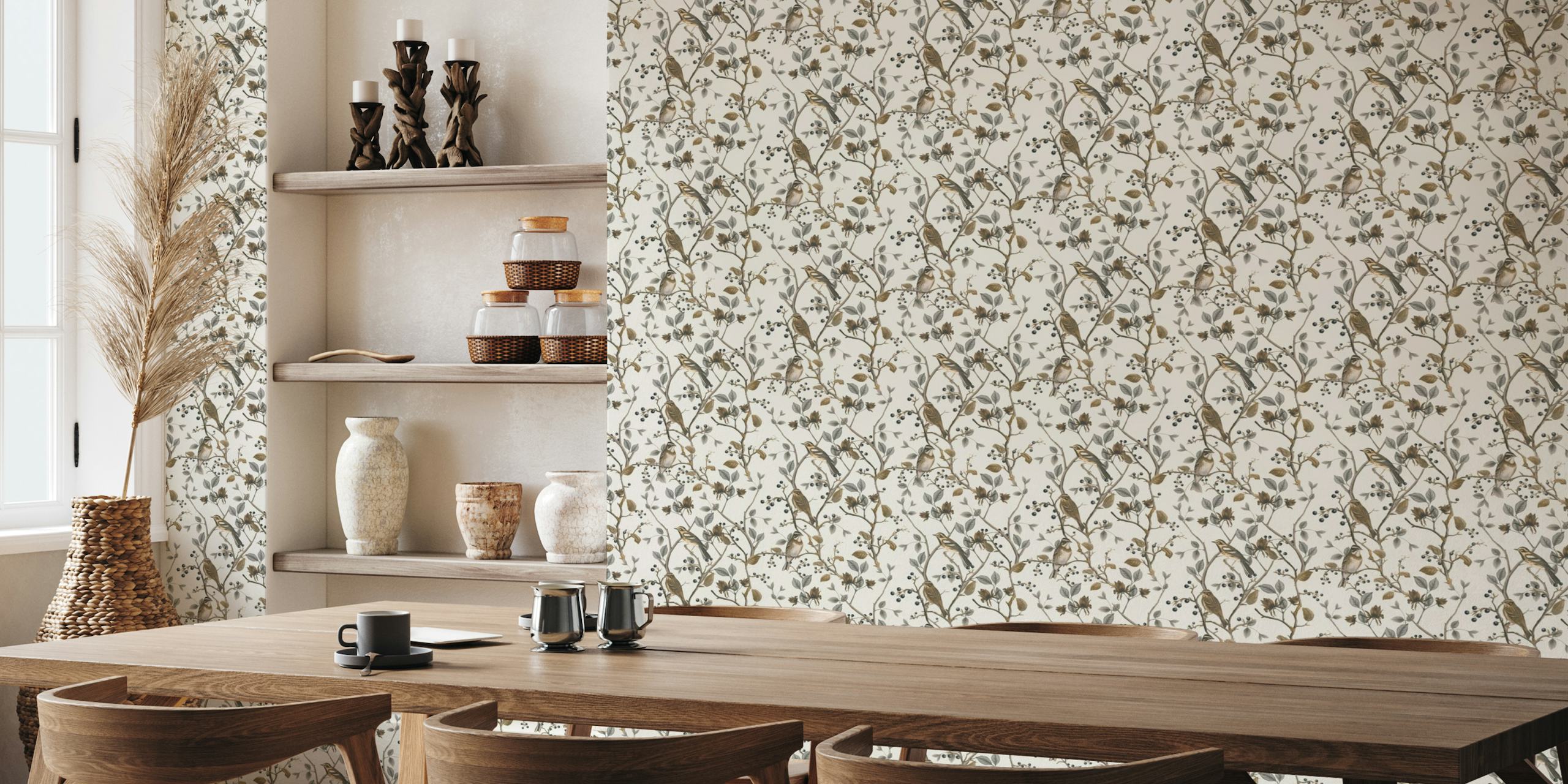 Nordic Chinoiserie Whispers Birds And Foliage Beige tapete