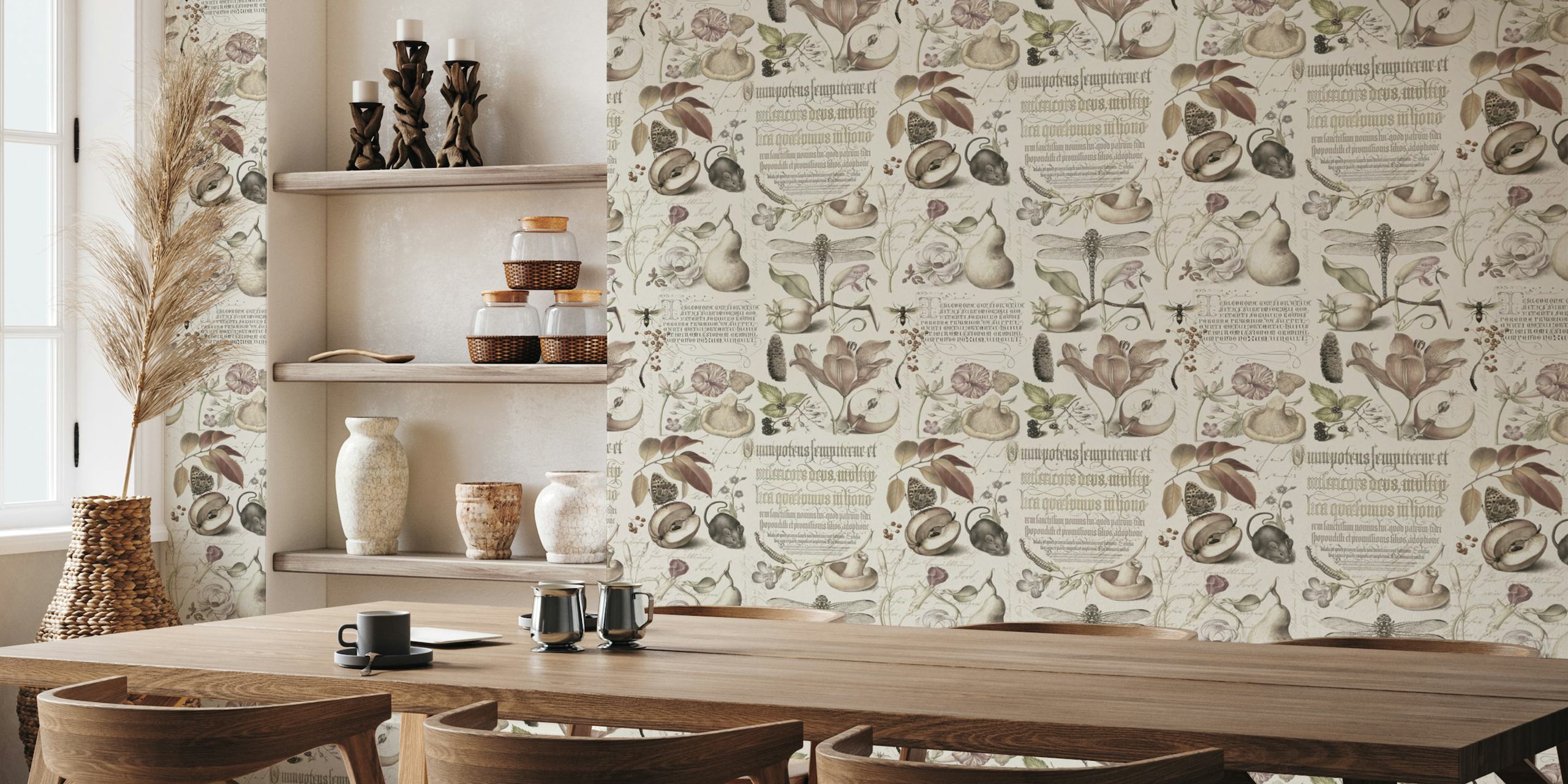 Botanical Treasures By Joris Hoefnagel With Plants, Fruits And Calligraphy Neutral Beige wallpaper