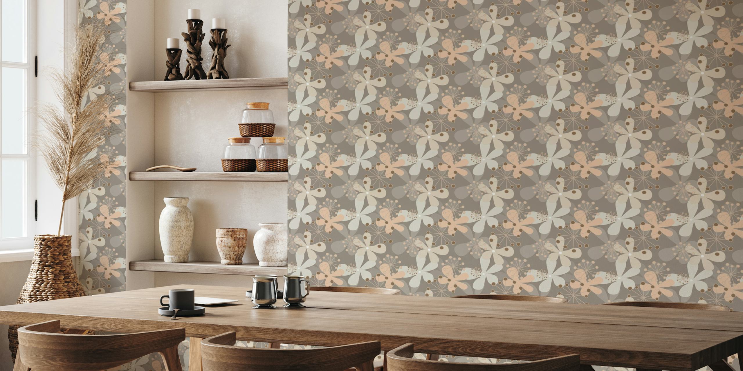 Mural de parede Midcentury Blooms Beige com padrões florais estilizados e detalhes geométricos em tons de bege