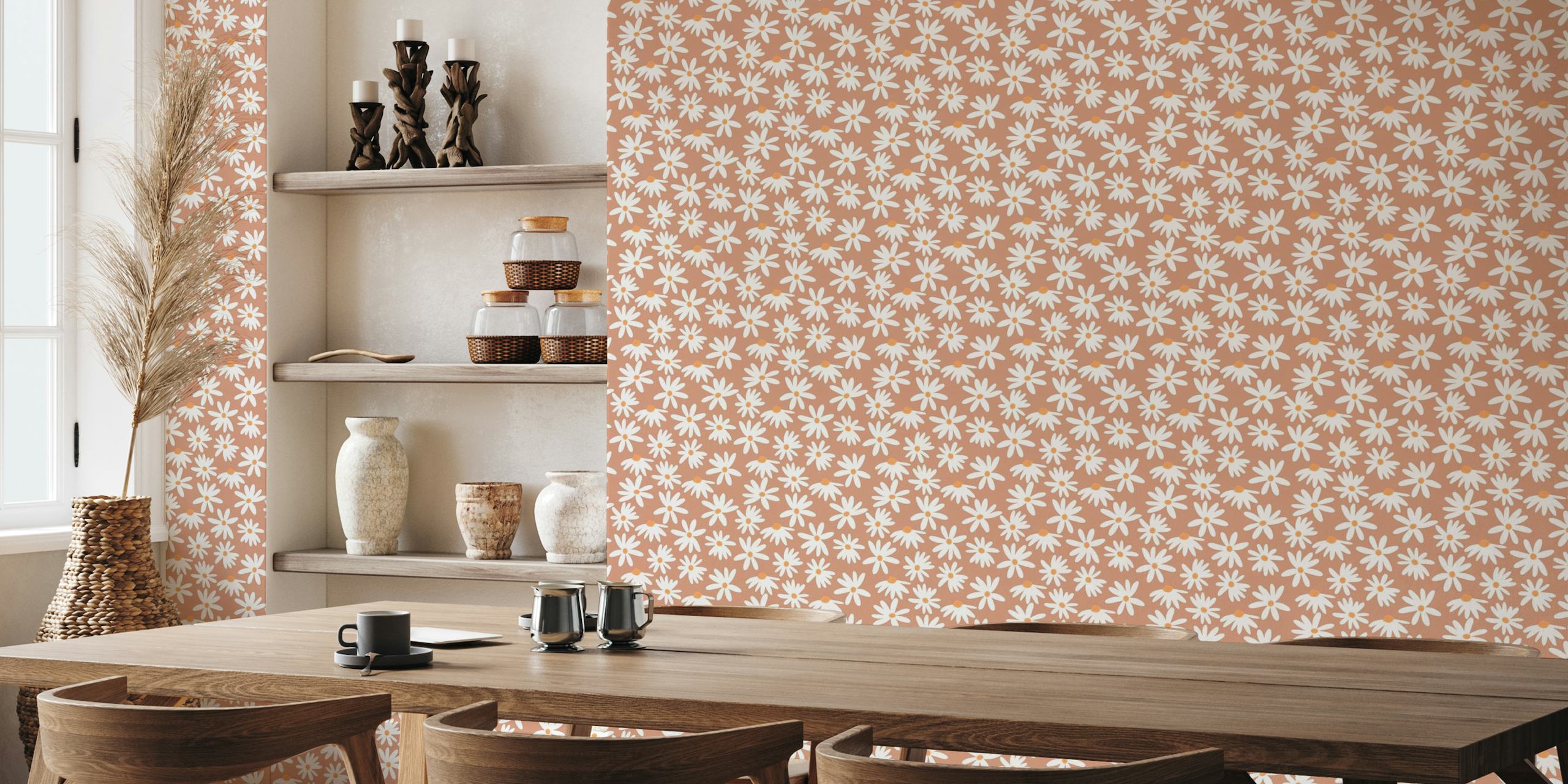 Retro Summer Daisies wall mural with white flowers and orange centers on beige background