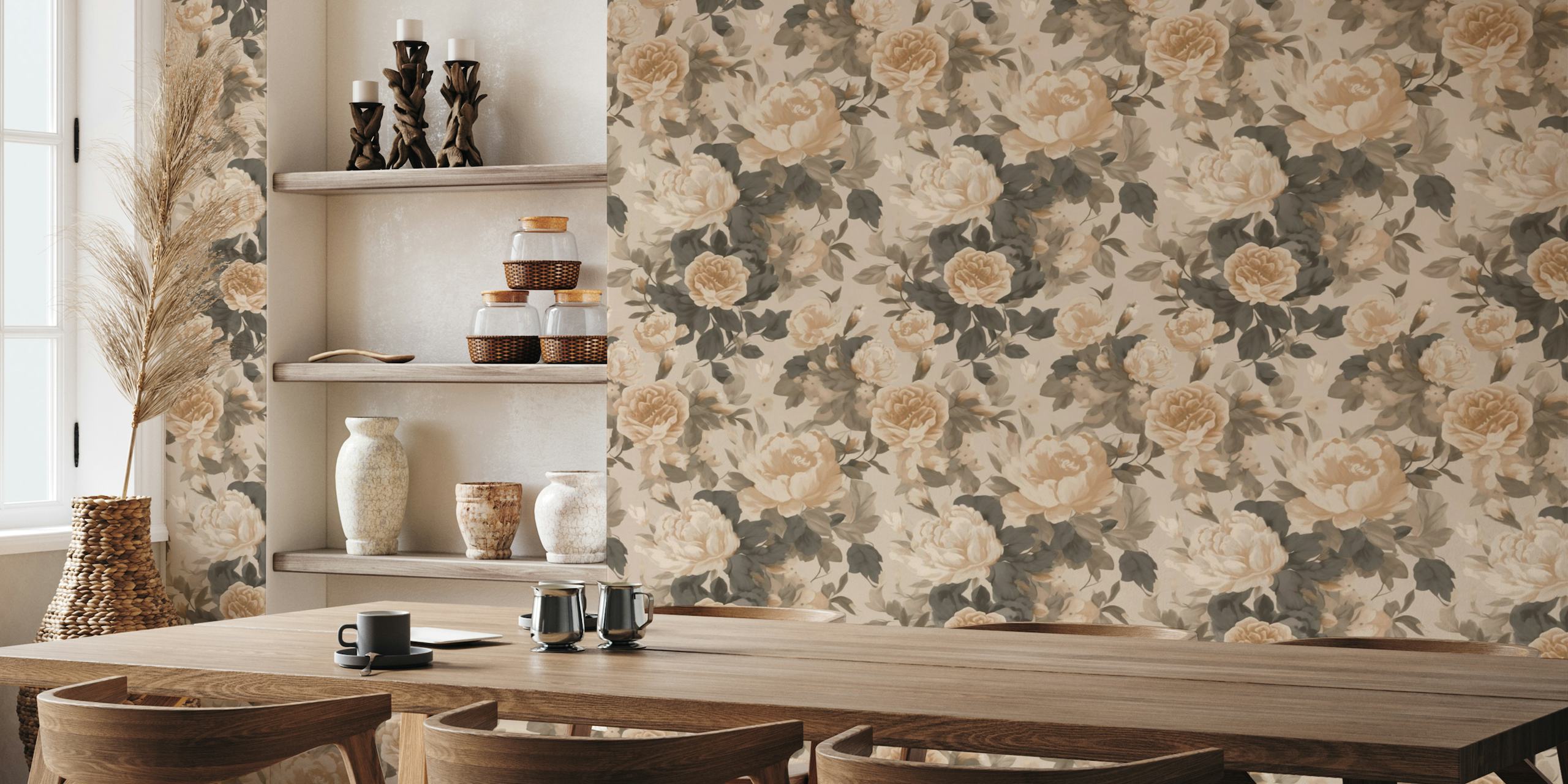 Baroque Roses Floral Nostalgia Design In Moody Ivory Beige tapete