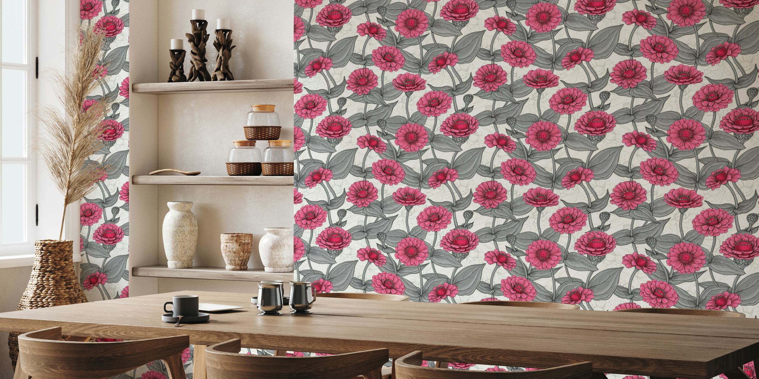 Pink Zinnias in gray and white wallpaper