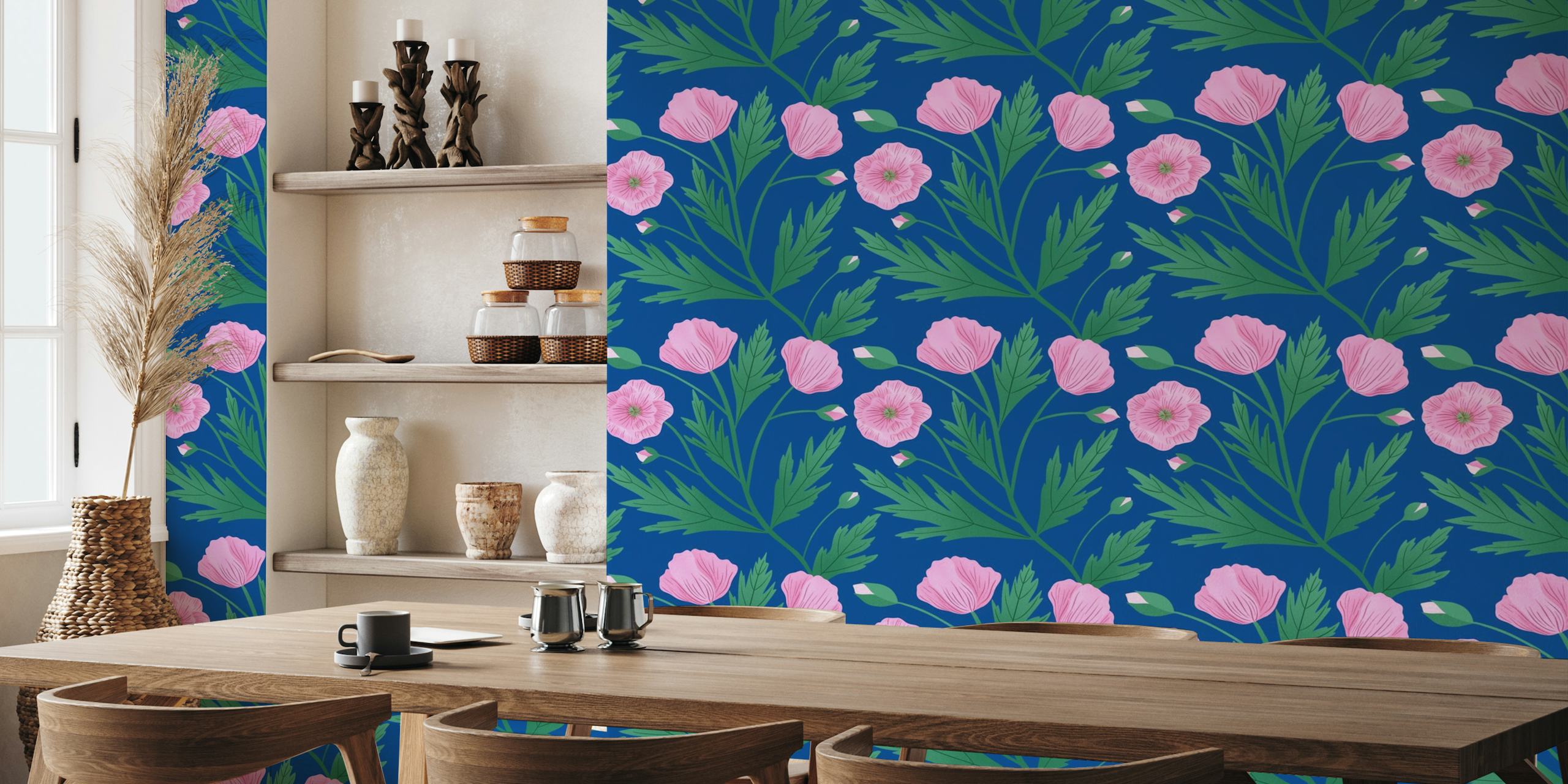 Pink poppies with green leaves on a blue background wall mural