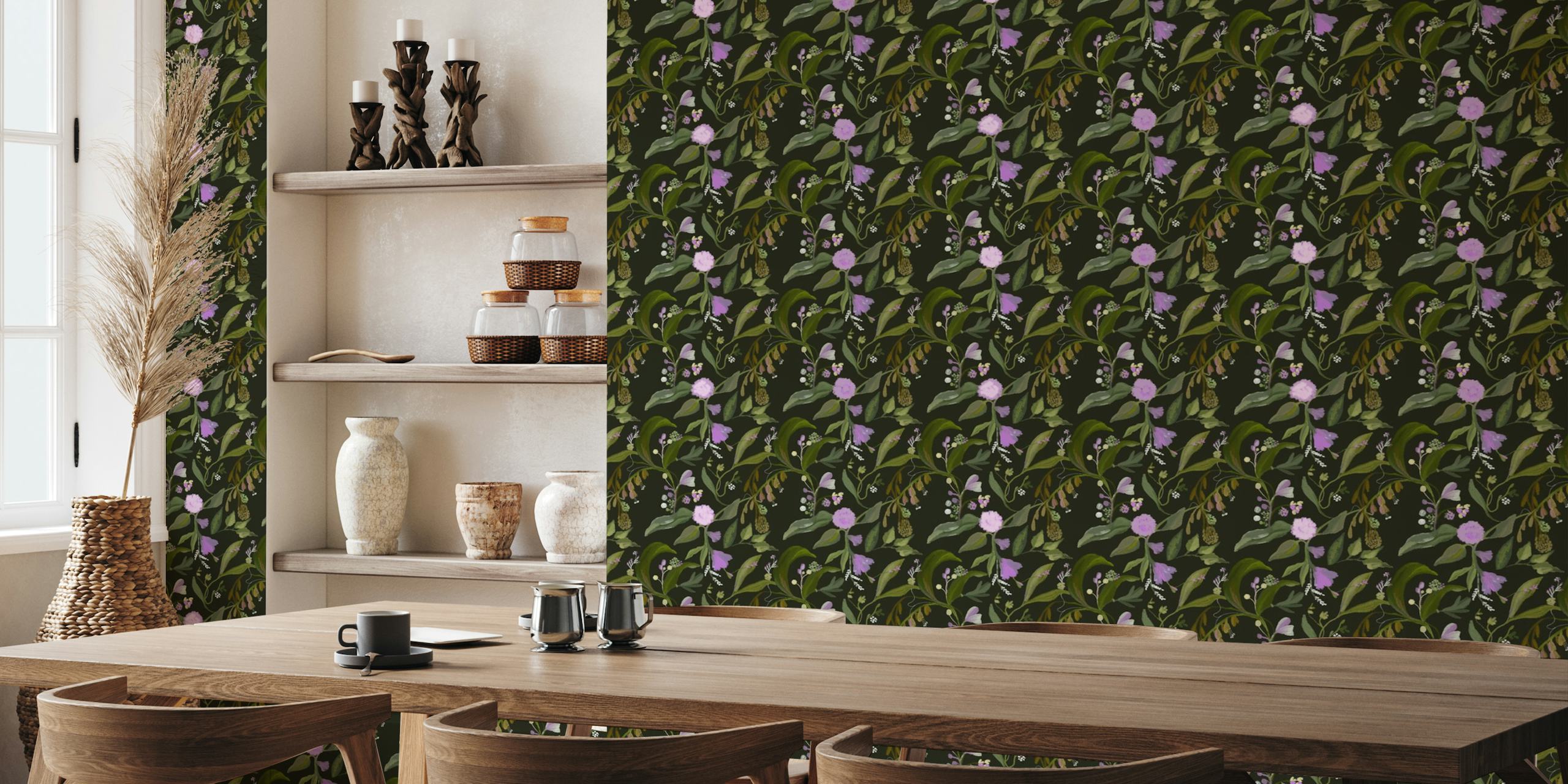 Purple floral with green tropical leaves oil painting style pattern papel de parede
