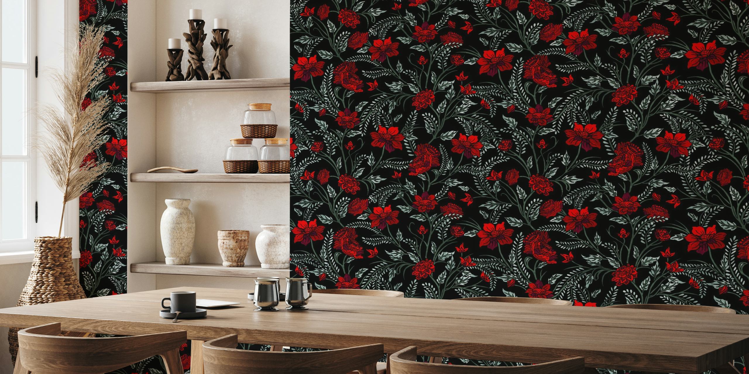 Beautiful Red Roses Pattern Black ταπετσαρία