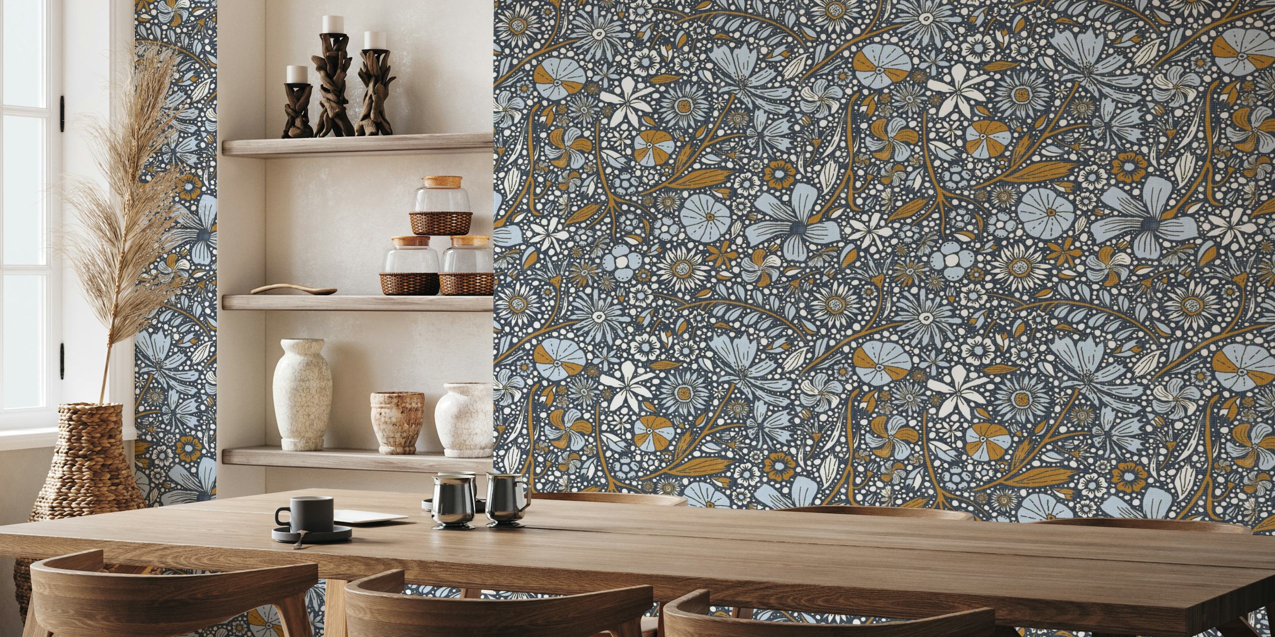 Maximalist bohemian floral pattern blue caramel wallpaper