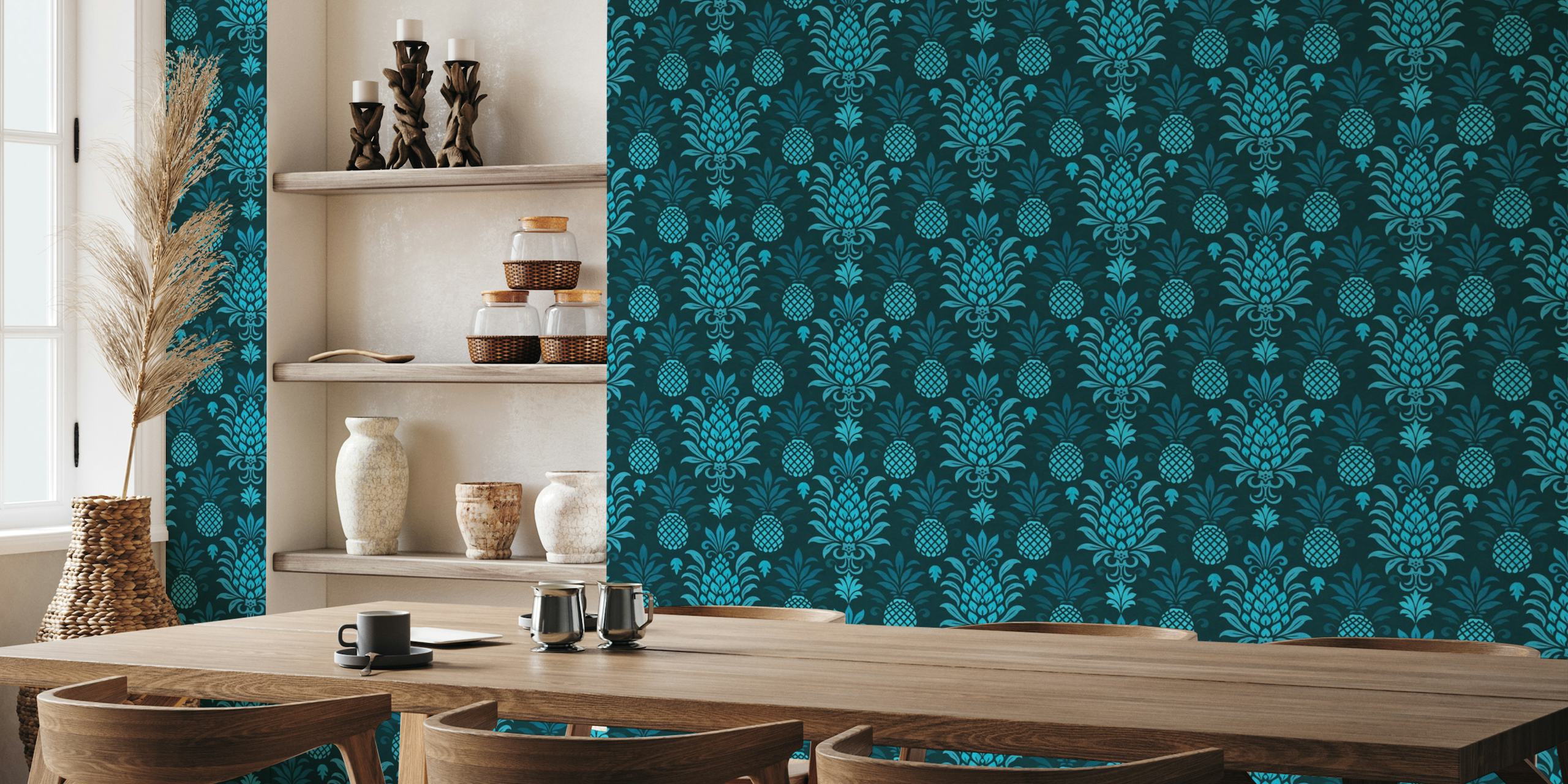Moderni jednobojni uzorak ananasa na teksturiranoj plavozelenoj smaragdnoj pozadini
