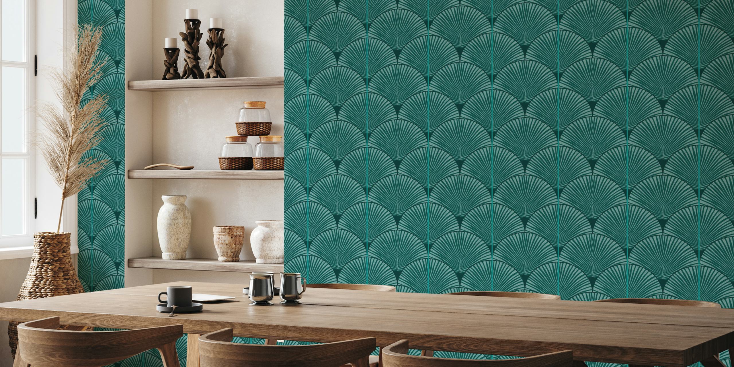 Japandi Palms Teal wall mural featuring stylized palm designs in teal color