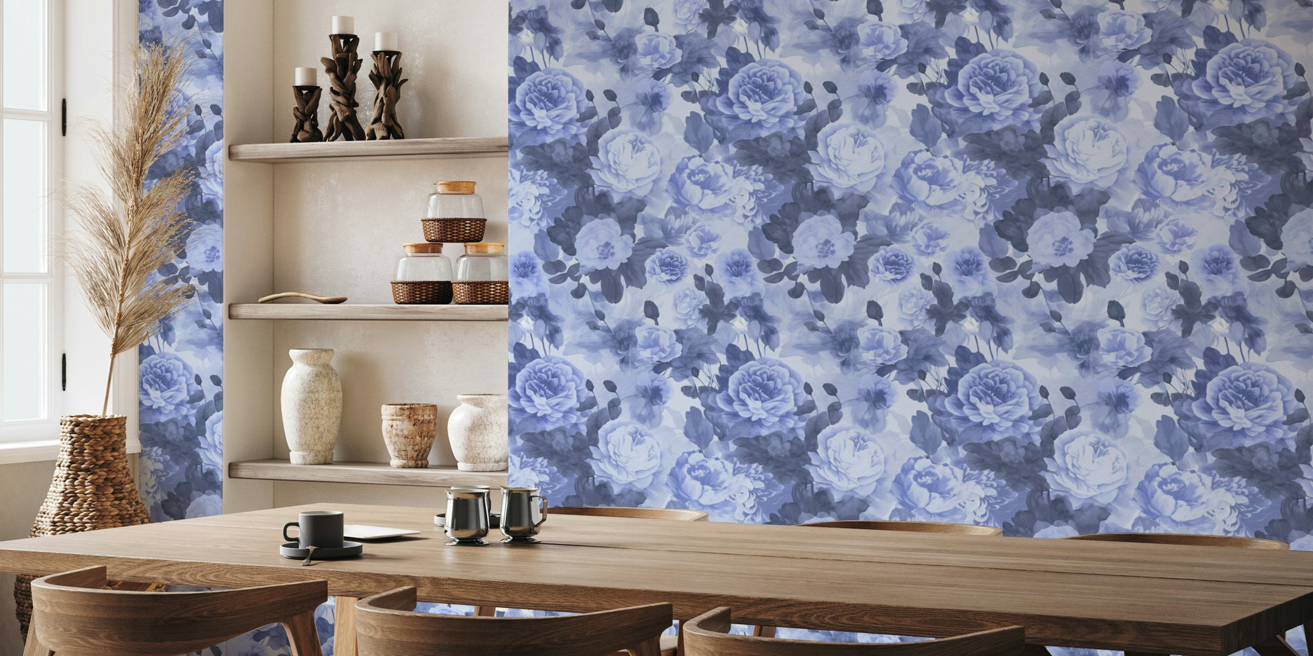 Baroque Roses Floral Nostalgia Design In Moody Colors Blue tapete