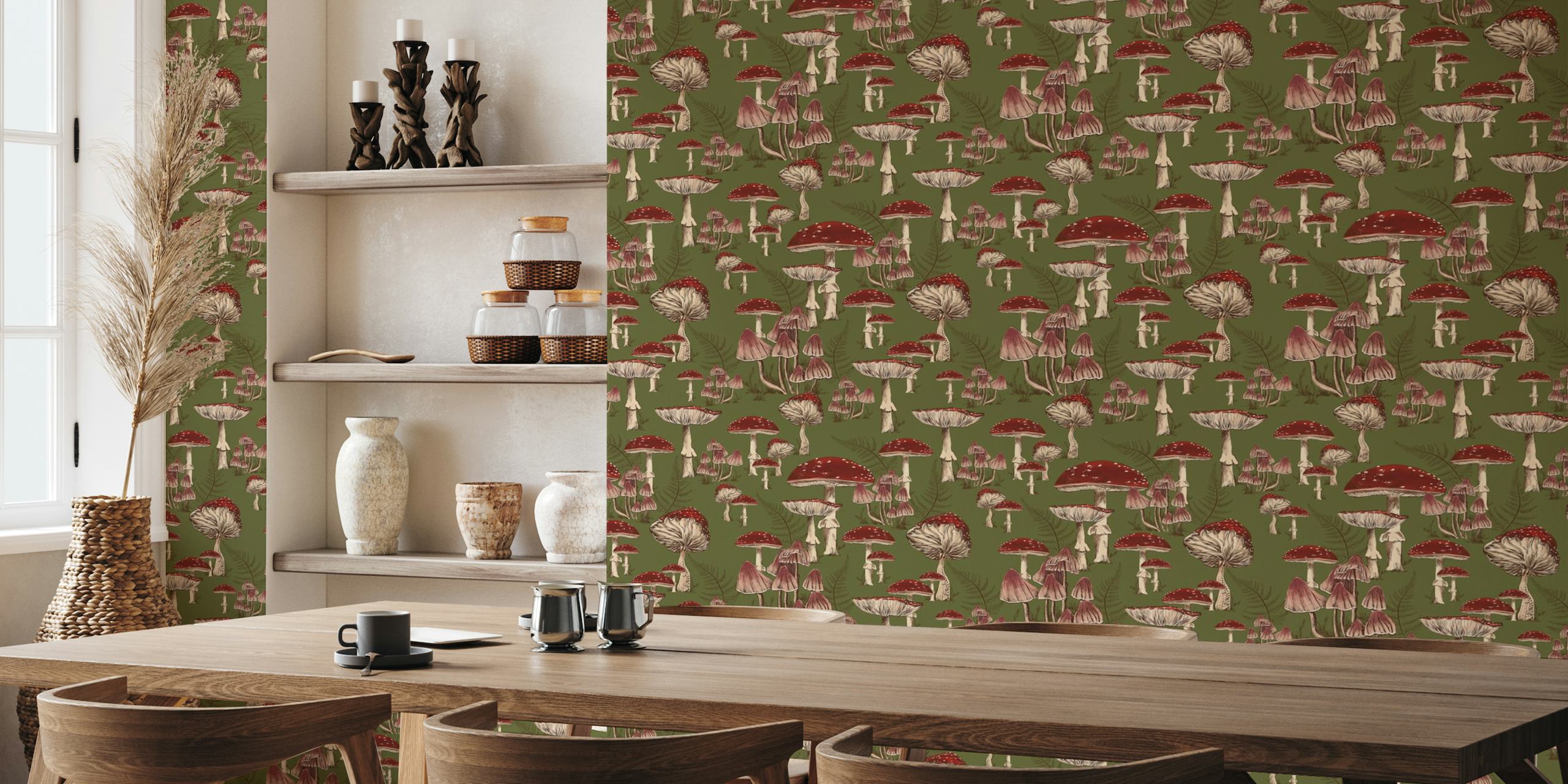 Fly Agaric mushroom pattern wall mural on green background