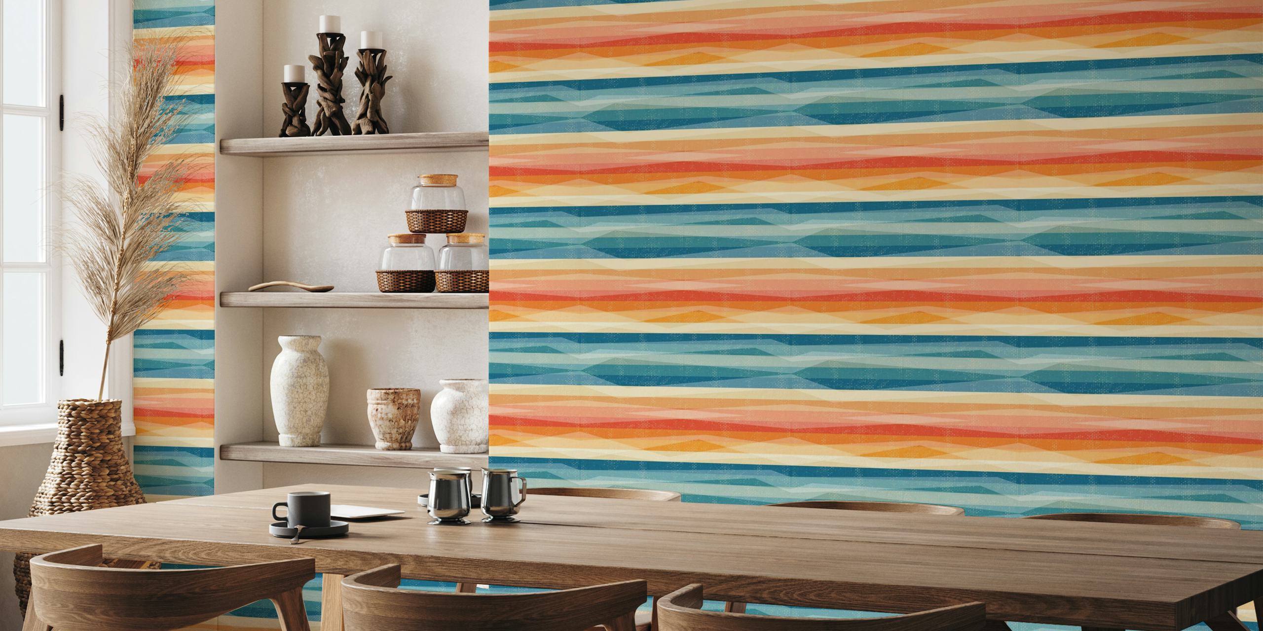 Horizontal retro stripes wall mural in soft blues, oranges, and neutrals