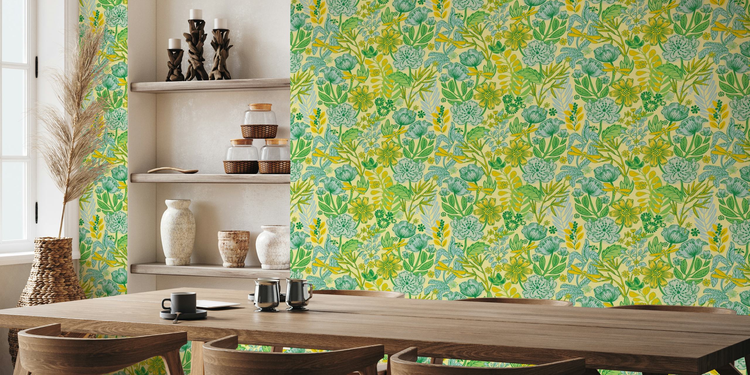 fotomural vinílico de parede floral boêmio amarelo brilhante com padrões botânicos verdes