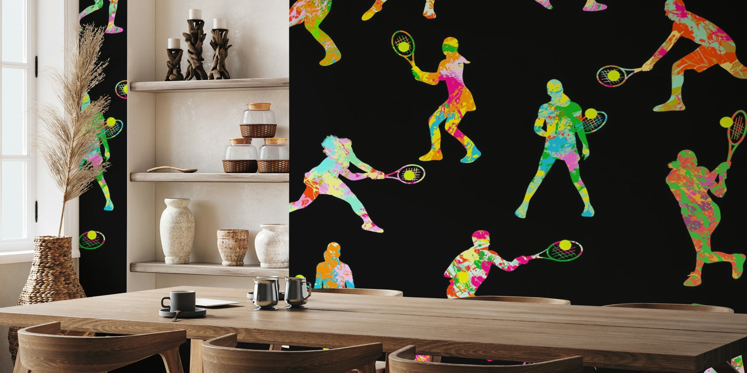 Colorful neon tennis players pattern wall mural on a black background