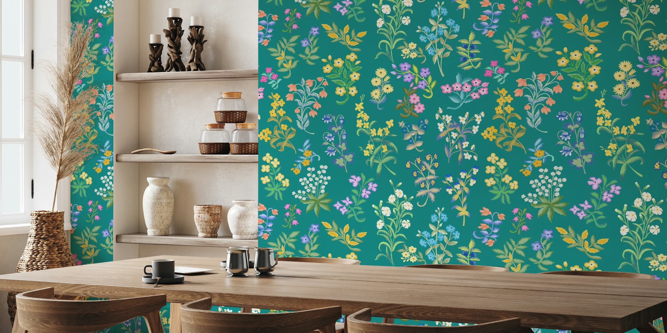 Muurschildering met bloemenmillefleurspatroon met wilde bloemen op een blauwgroen achtergrond