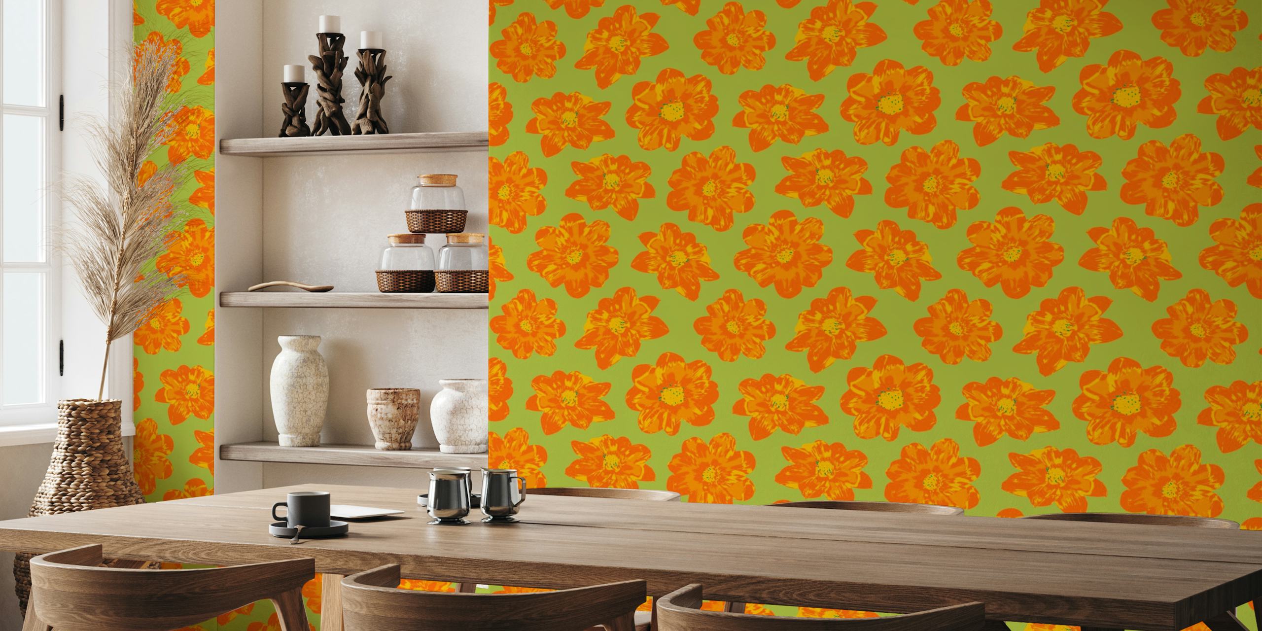COSMIC COSMOS Pop Floral Orange Yellow Green papel de parede