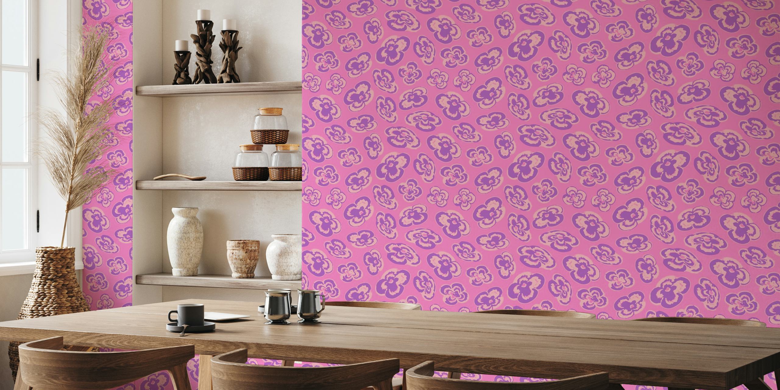 Abstract floral wall mural with purple and pink lilies floating on a pink background