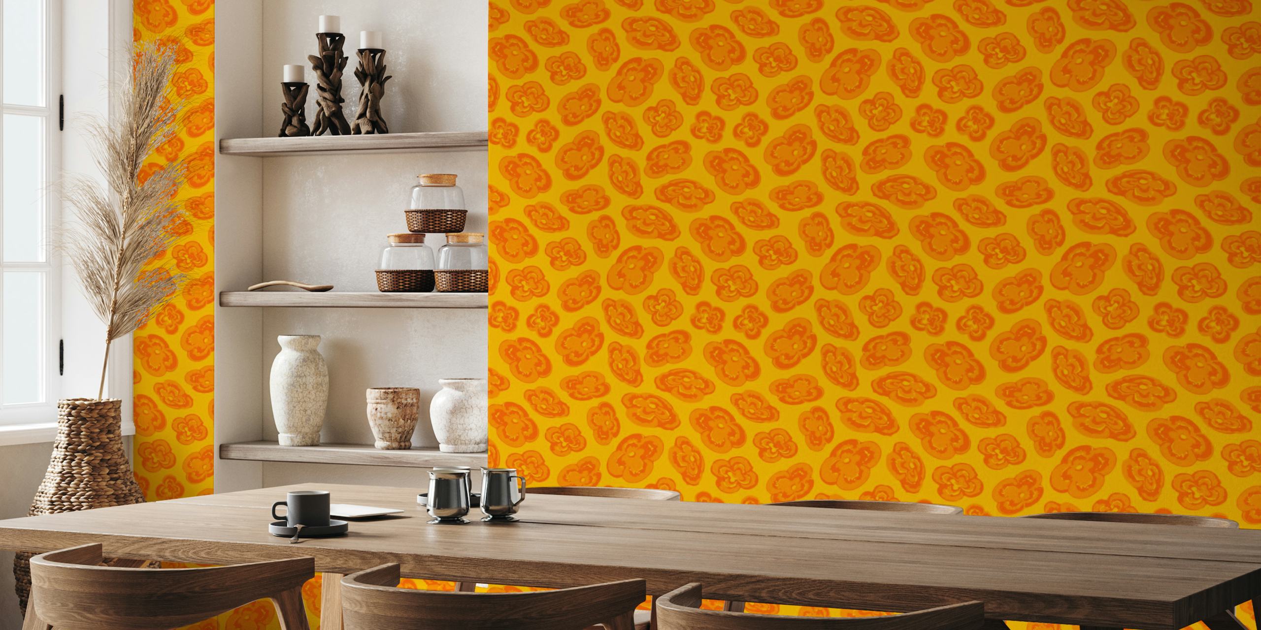 Mural de parede amarelo abstrato com padrões de lírios laranja para decoração de casa