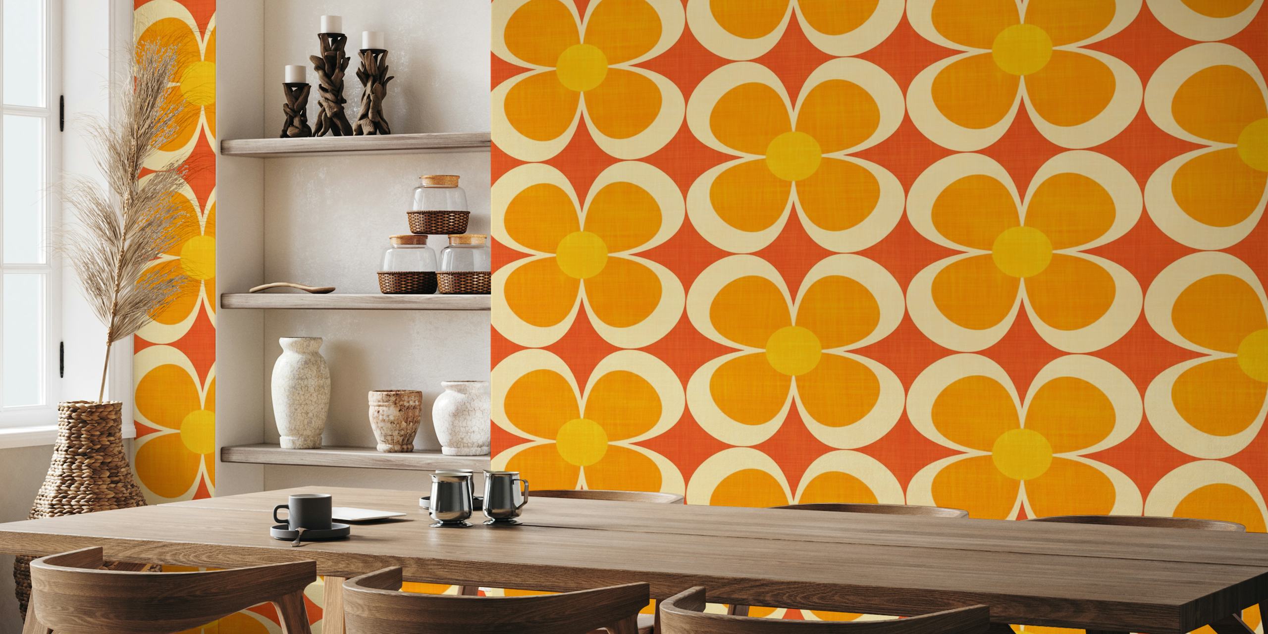 Retro-inspired Groovy Geometric Floral wall mural in orange, yellow, and red