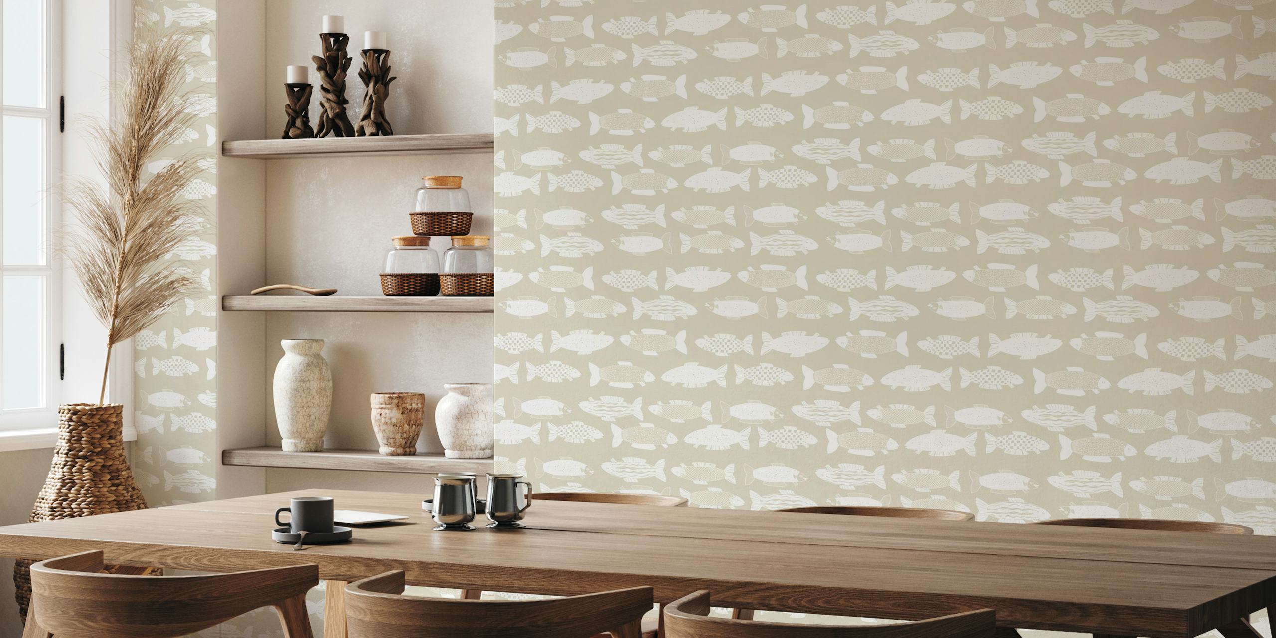 Fishes white on beige wallpaper
