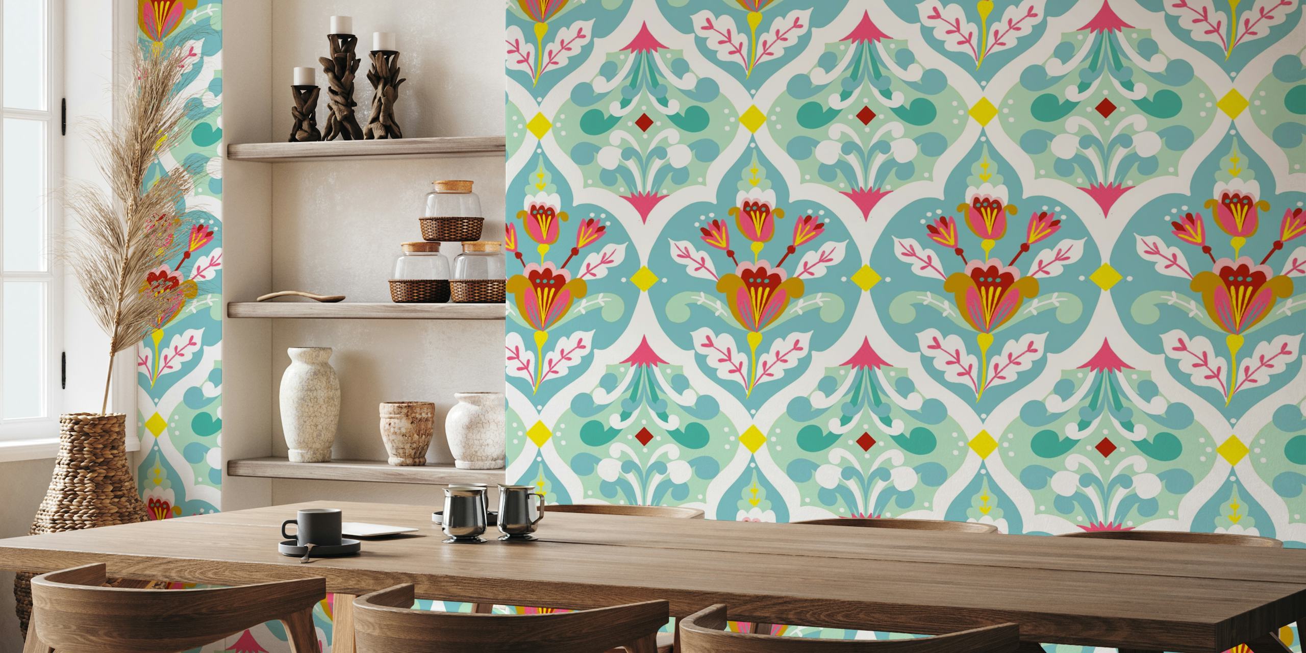 Elegante mural de pared floral damasco en tonos menta con vibrantes detalles florales