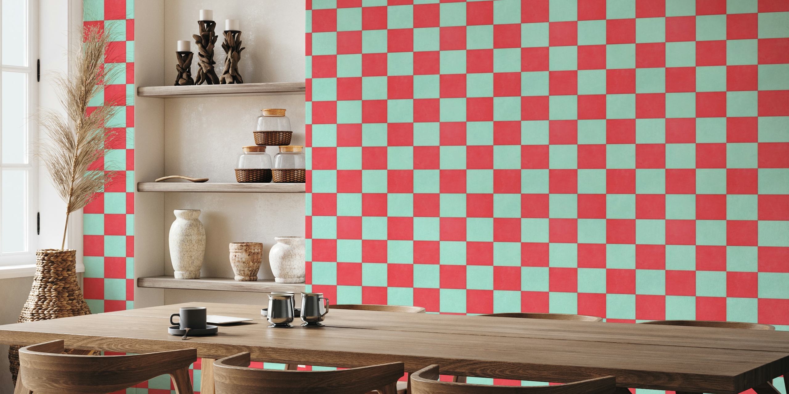 Fototapeta s červeným a aqua šachovnicovým vzorem pro domácí i firemní interiéry