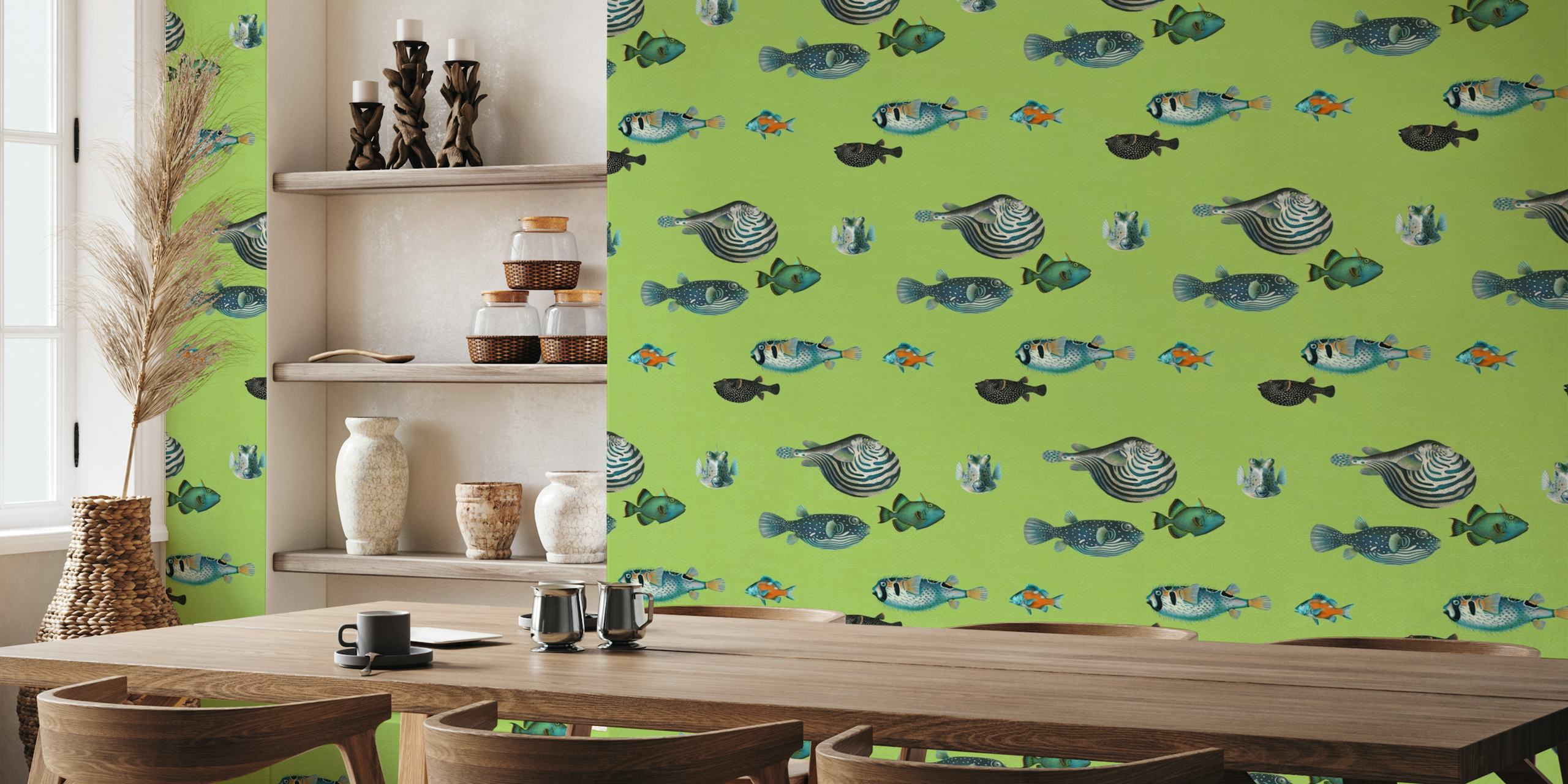 Acquario Fish pattern in apple green tapety
