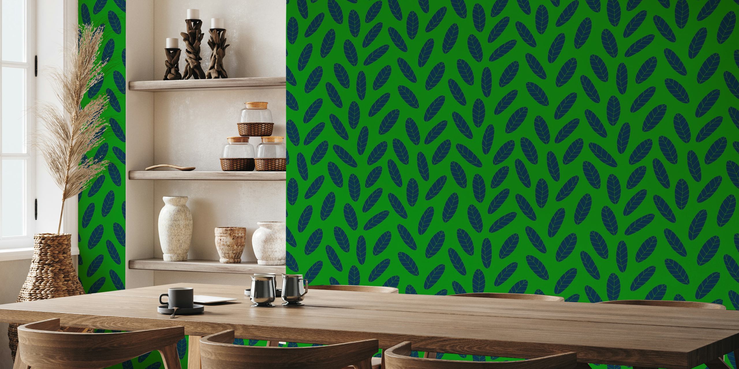MOD LEAF Retro Scattered Leaves Navy Green tapety