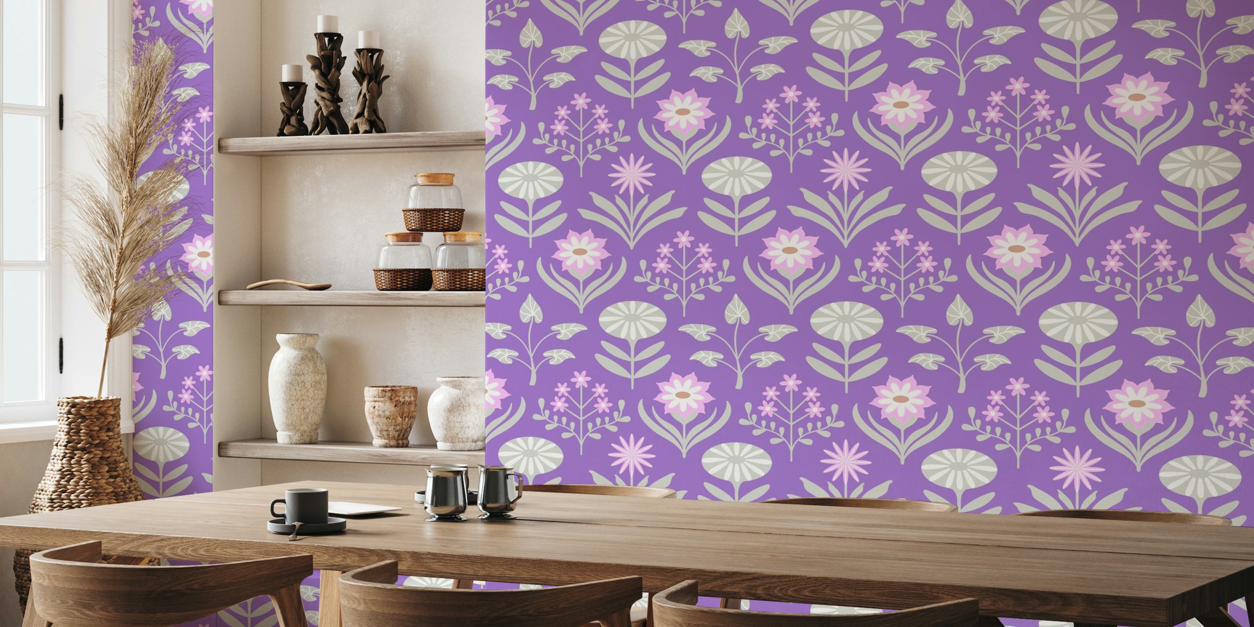 TAMI Mid-Century Scandi Retro Floral Purple tapet